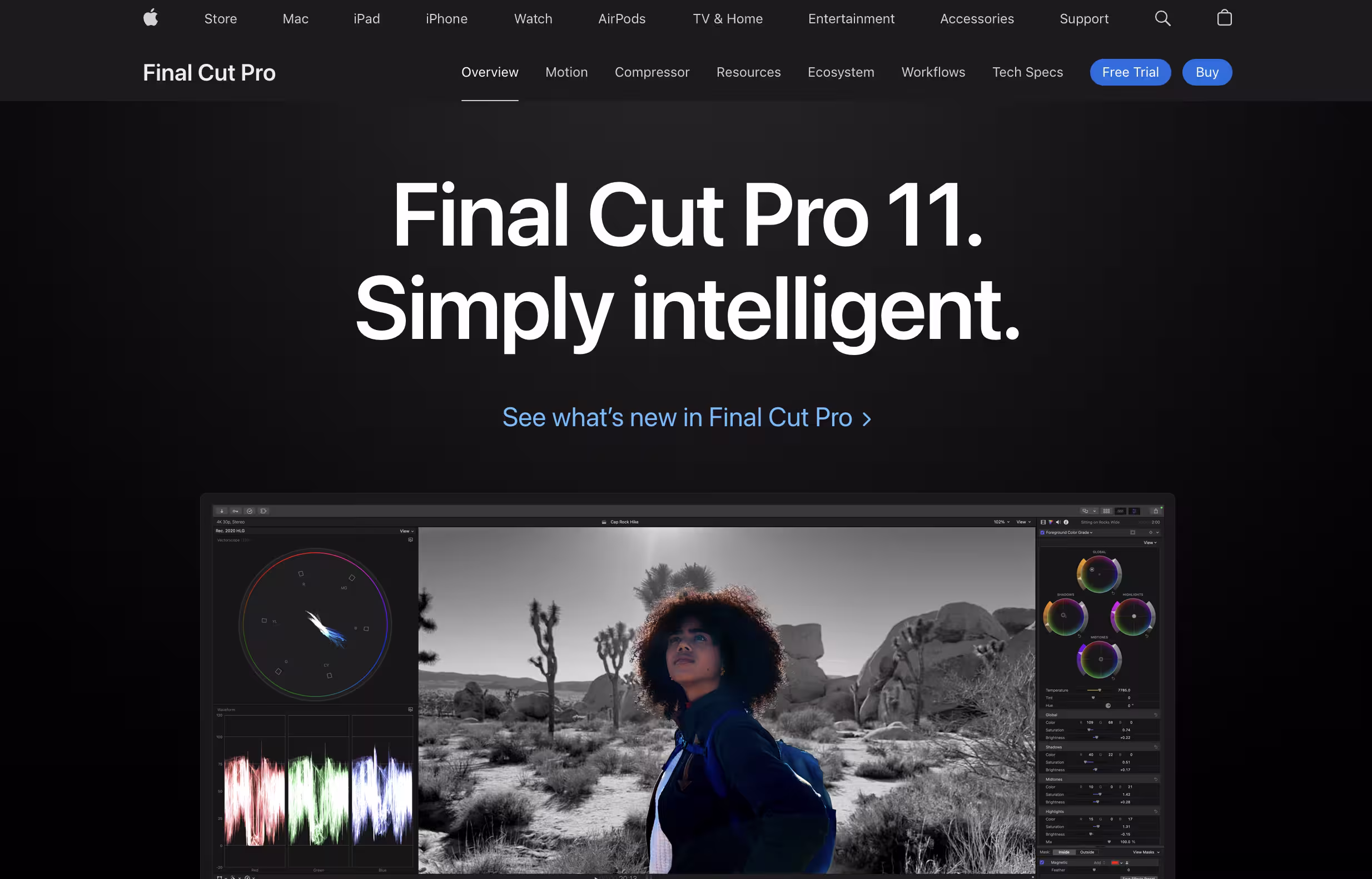 Site do Final Cut Pro 11 exibindo interface de edição com ferramentas de correção de cor