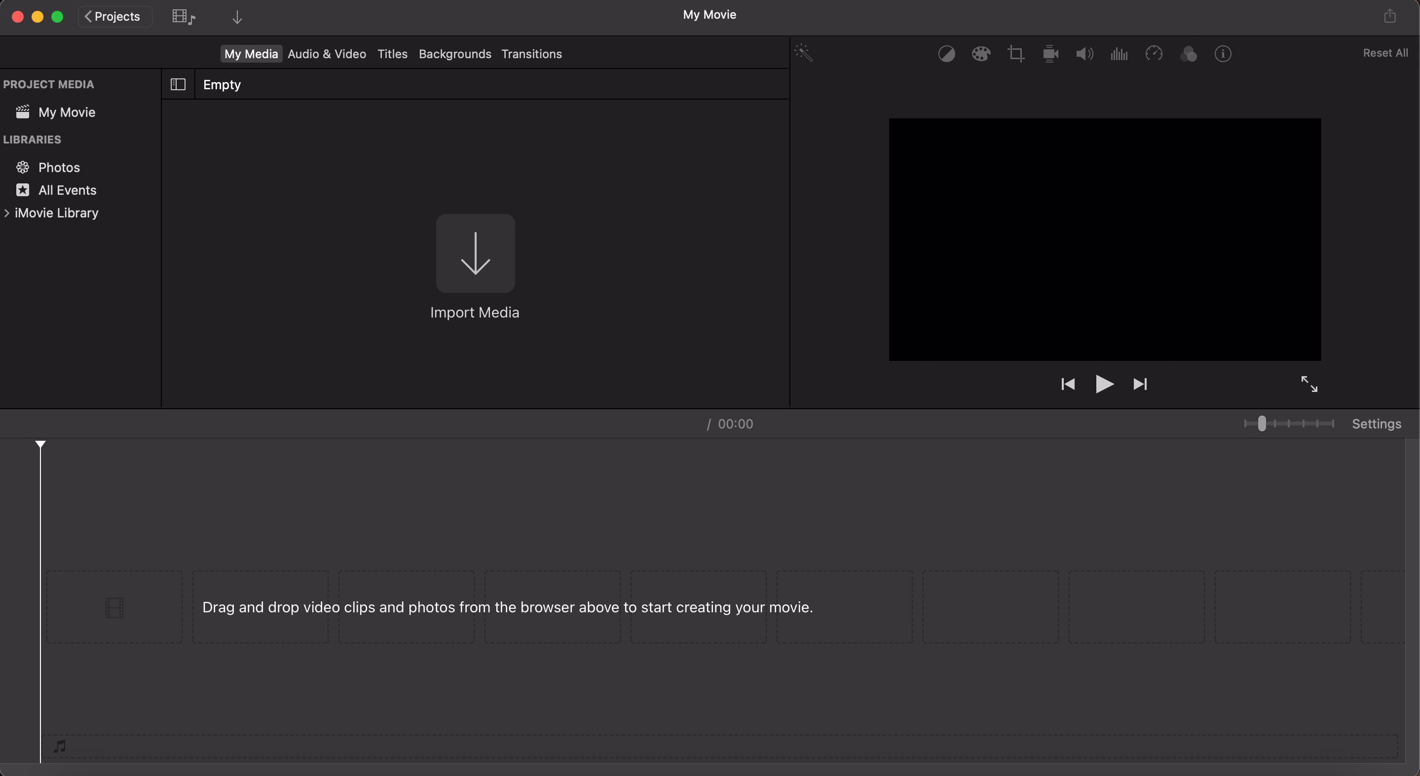 ממשק פרויקט ריק ב-iMovie