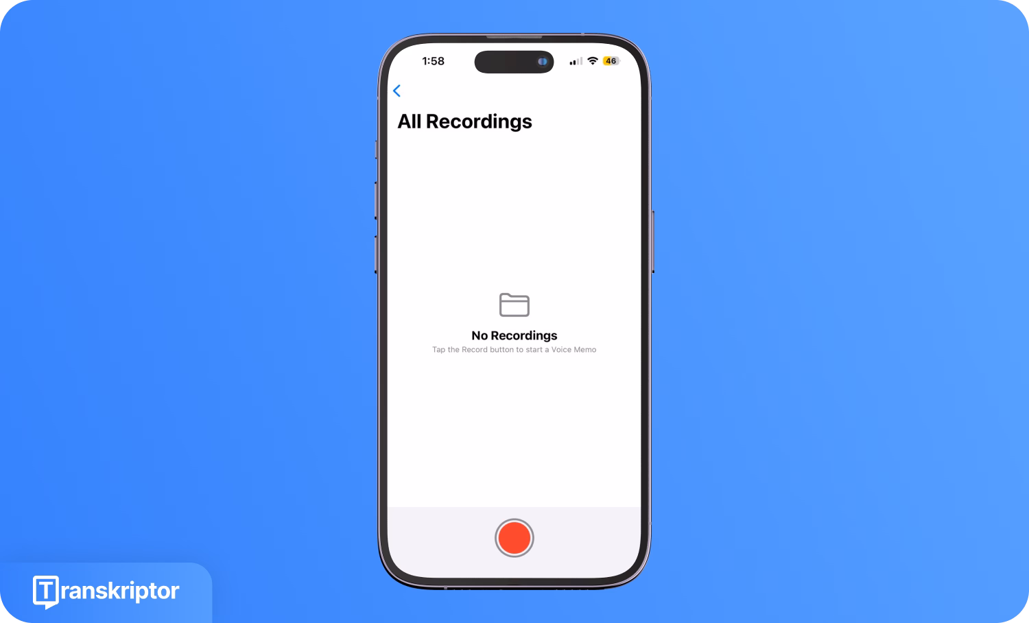 Экран iPhone с приложением Transkriptor без записей.