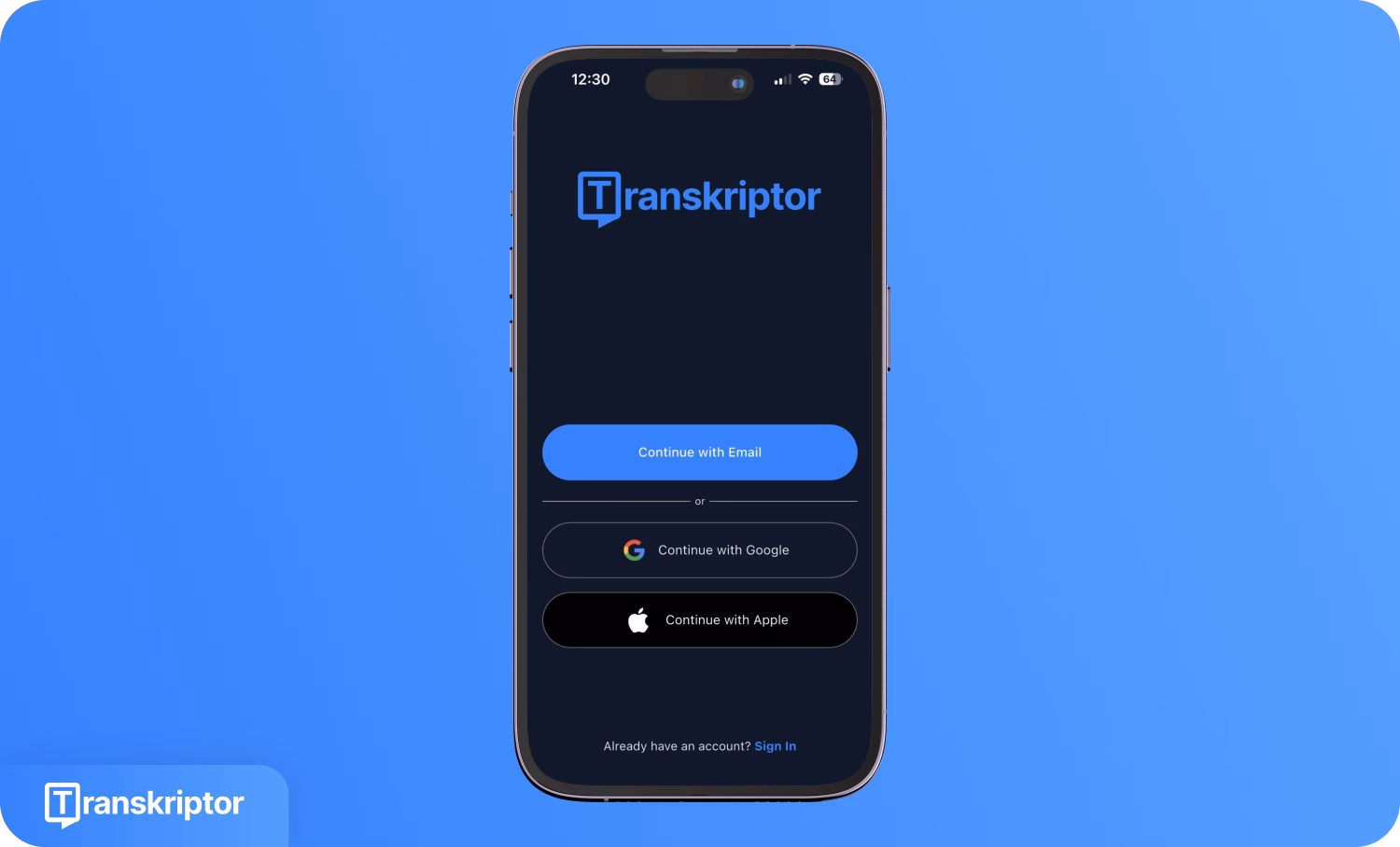 Экран входа в приложение Transkriptor на iPhone для расшифровки голосовых заметок.