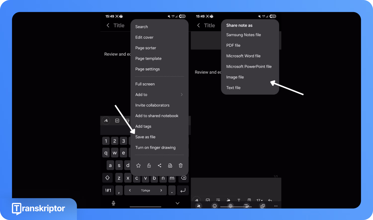 Samsung Notes programa, rodanti eksporto parinktis, įskaitant teksto failą ir dokumentų formatus