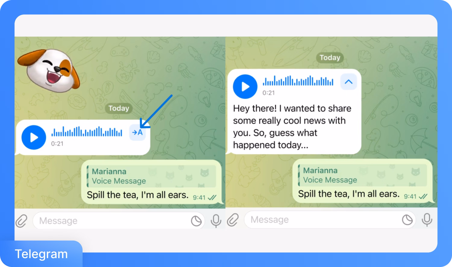 อินเทอร์เฟซของ Telegram แสดงฟีเจอร์ถอดความข้อความเสียงพร้อมตัวอย่างข้อความ