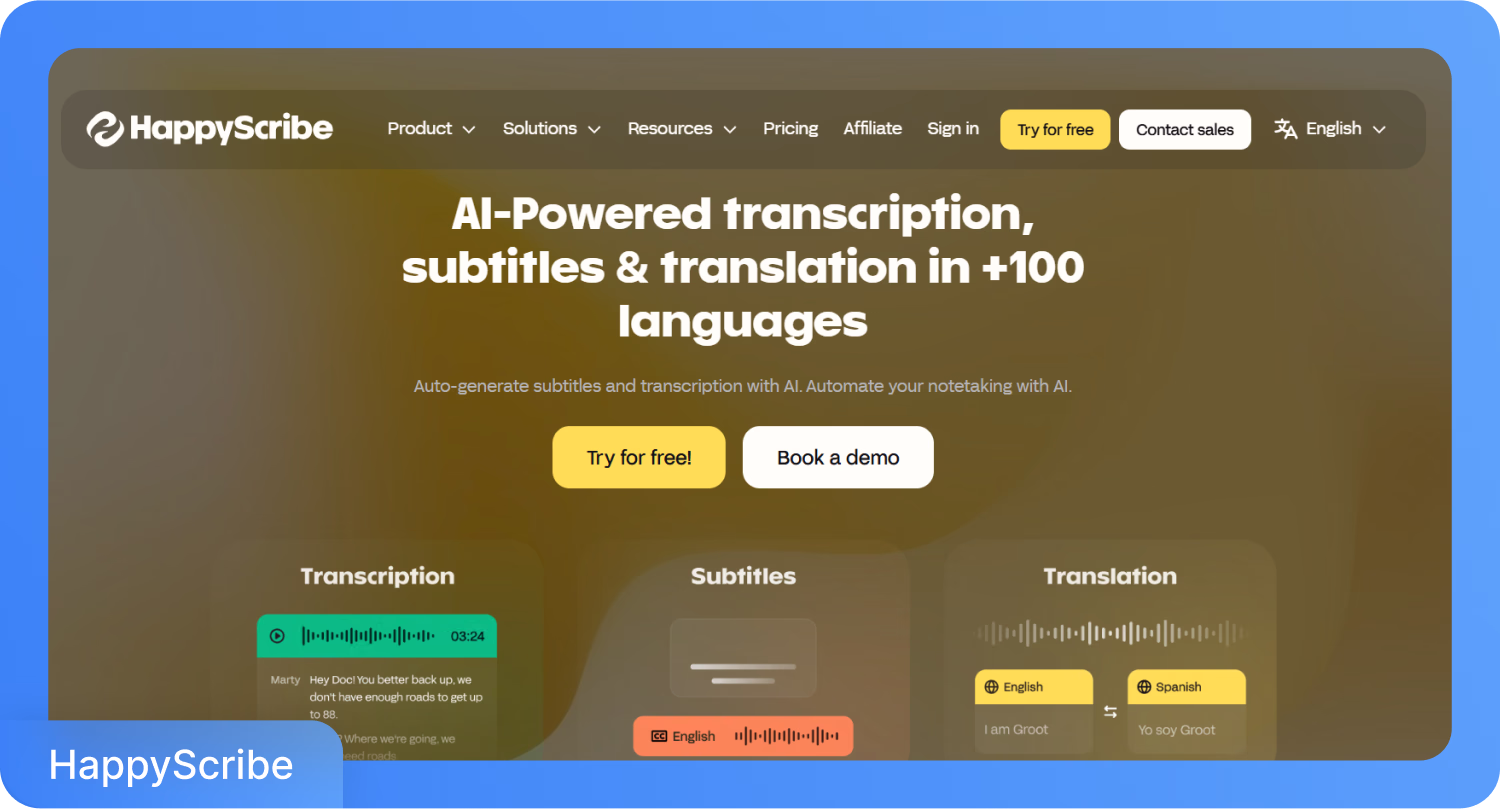פלטפורמת HappyScribe המציעה תמלול ותרגום מבוססי בינה מלאכותית במספר שפות