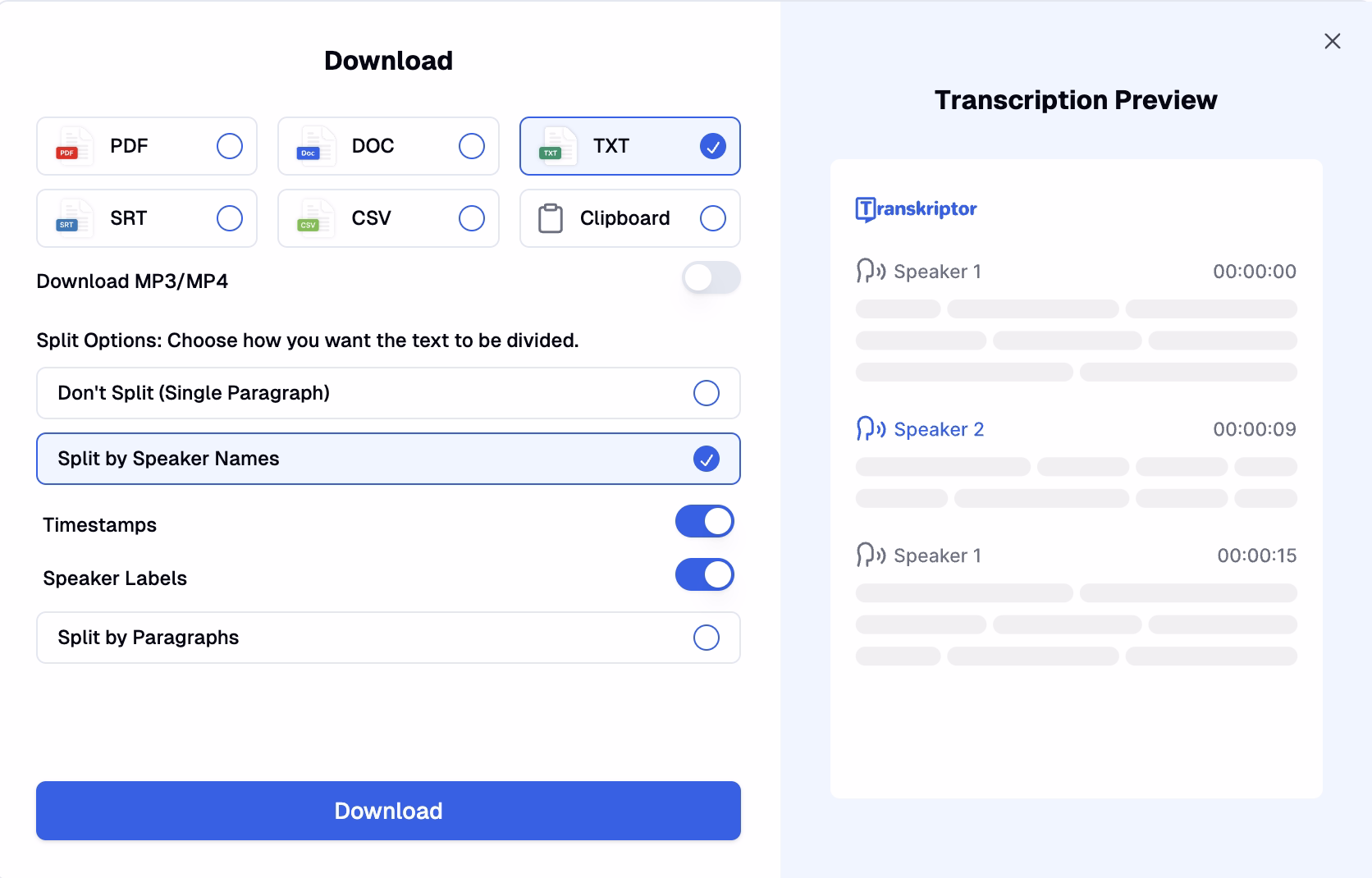 Panneau de téléchargement avec multiples formats d'exportation