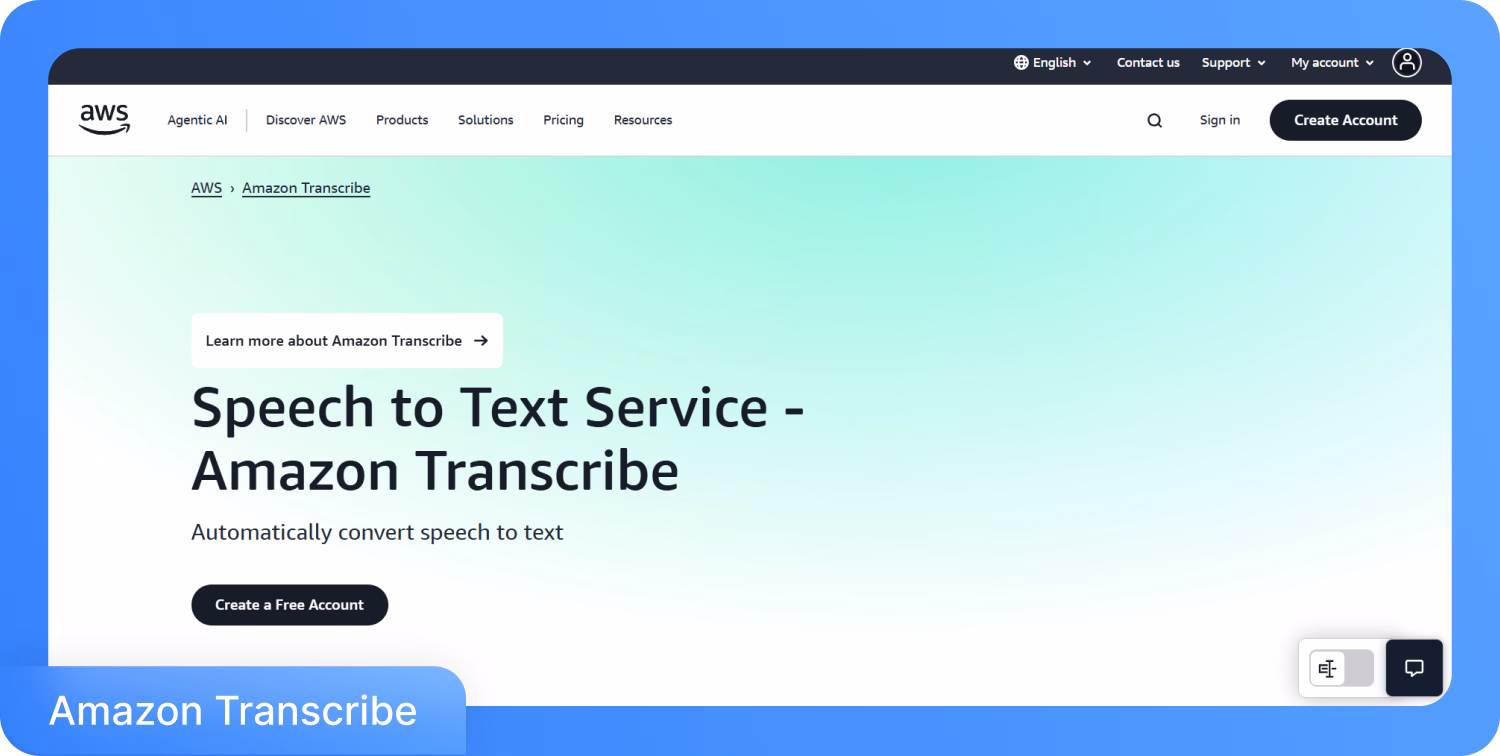 Page web Amazon Transcribe pour le service de conversion de la parole en texte offrant une conversion automatique.