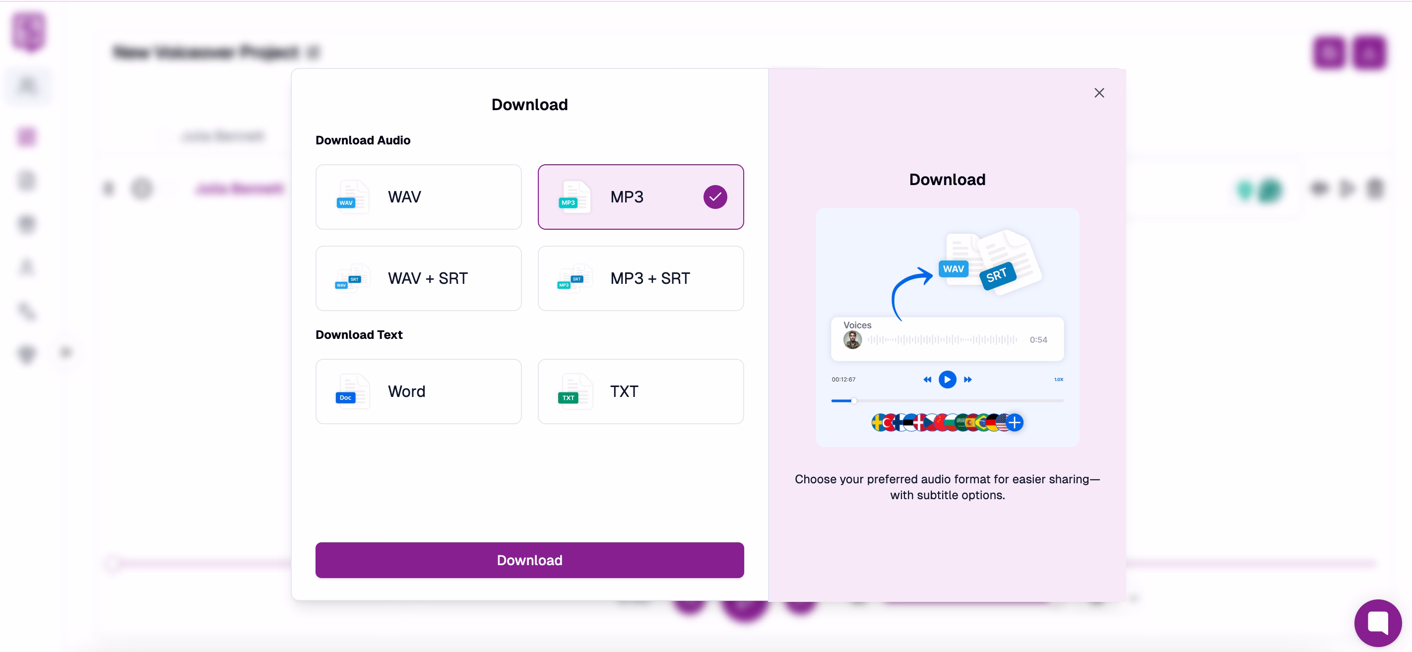 Interfaccia di download che mostra varie opzioni di formato audio e testo
