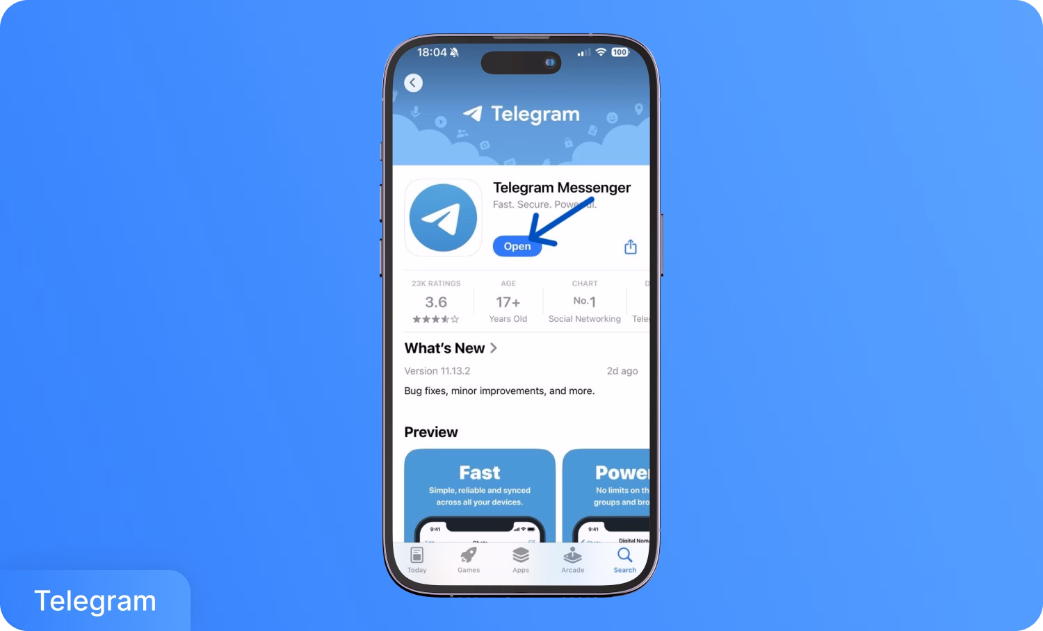 รายละเอียดแอป Telegram Messenger บนหน้าจอ iPhone พร้อมไฮไลท์ปุ่ม 'เปิด'
