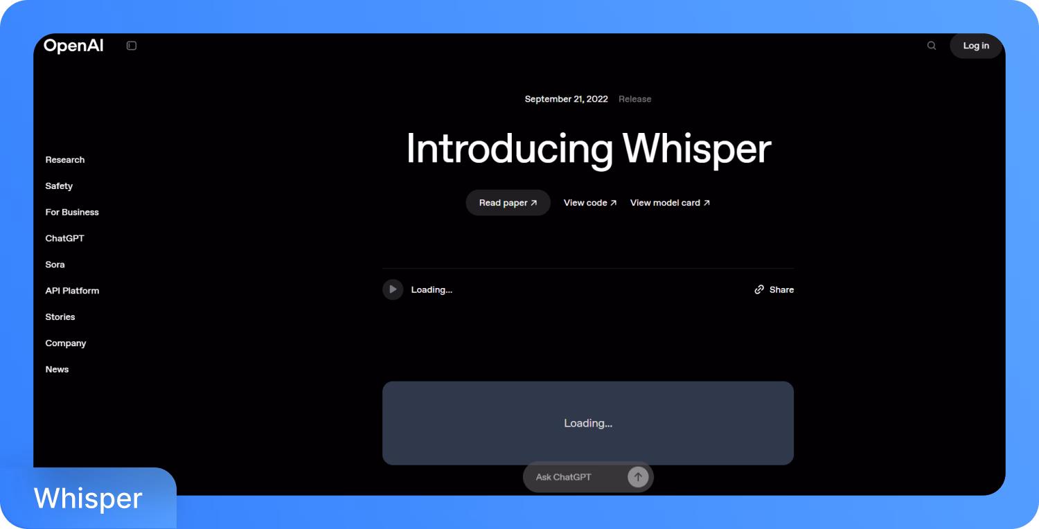 Interface de la page web OpenAI Whisper montrant l'introduction et les options pour lire l'article, voir le code et la fiche du modèle.