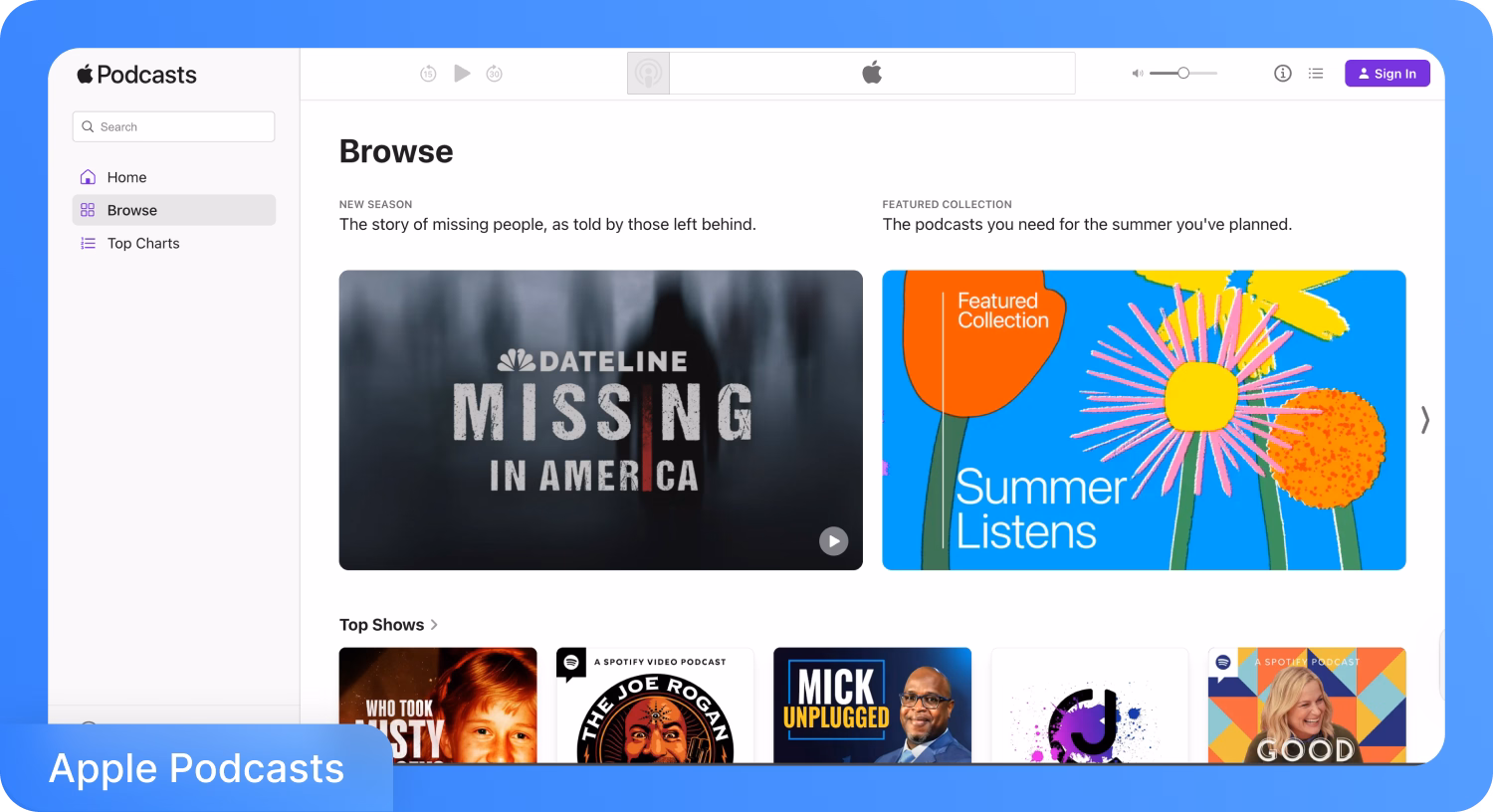 Apple Podcasts bladerenpagina met 'Missing in America' en 'Summer Listens'.