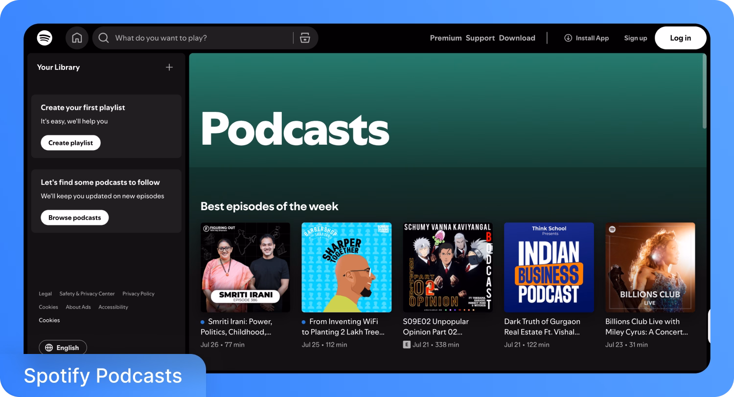 Spotify Podcasts-interface met de beste afleveringen van de week.