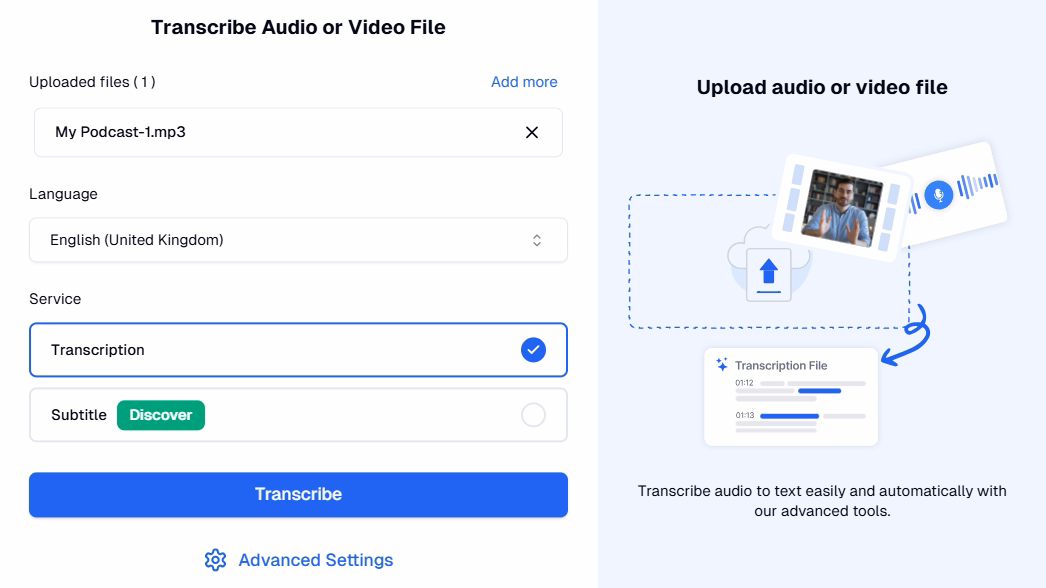 Panneau de configuration de service de transcription avec choix de langue
