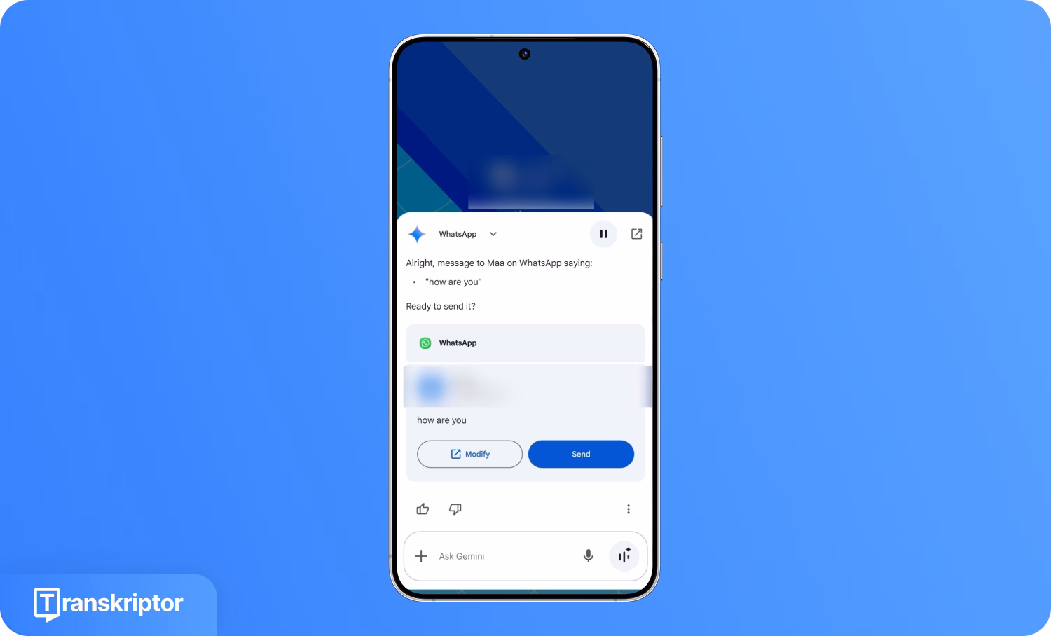 Диктування повідомлення у WhatsApp за допомогою Transkriptor на екрані смартфона.