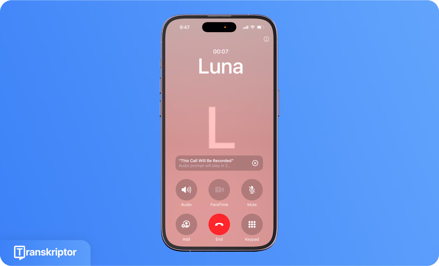 메모 작성 프롬프트와 녹음 컨트롤이 있는 iOS 통화 인터페이스