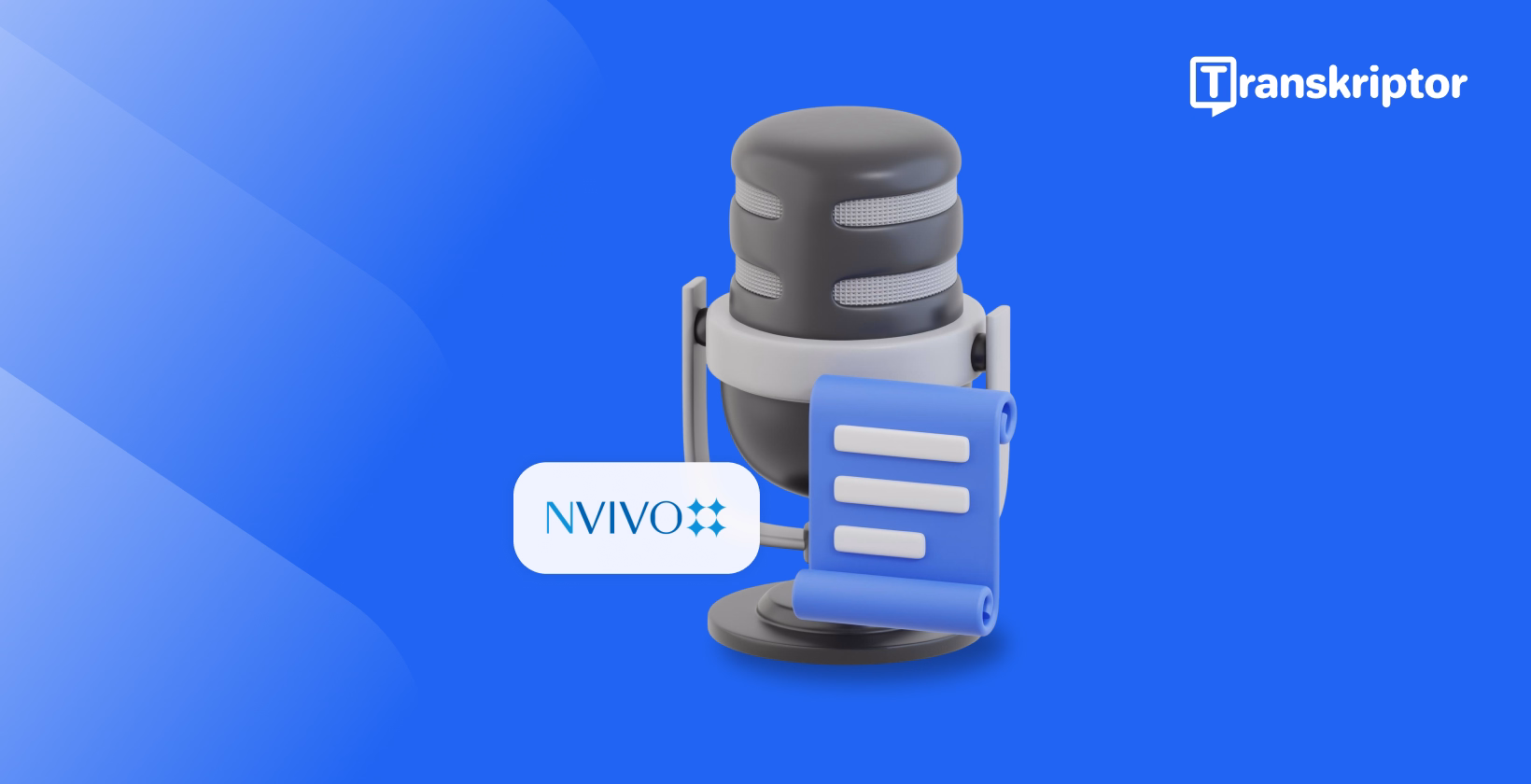 Mikrofon z interfejsem NVivo pokazujący funkcję transkrypcji audio i integrację z platformą Transkriptor.