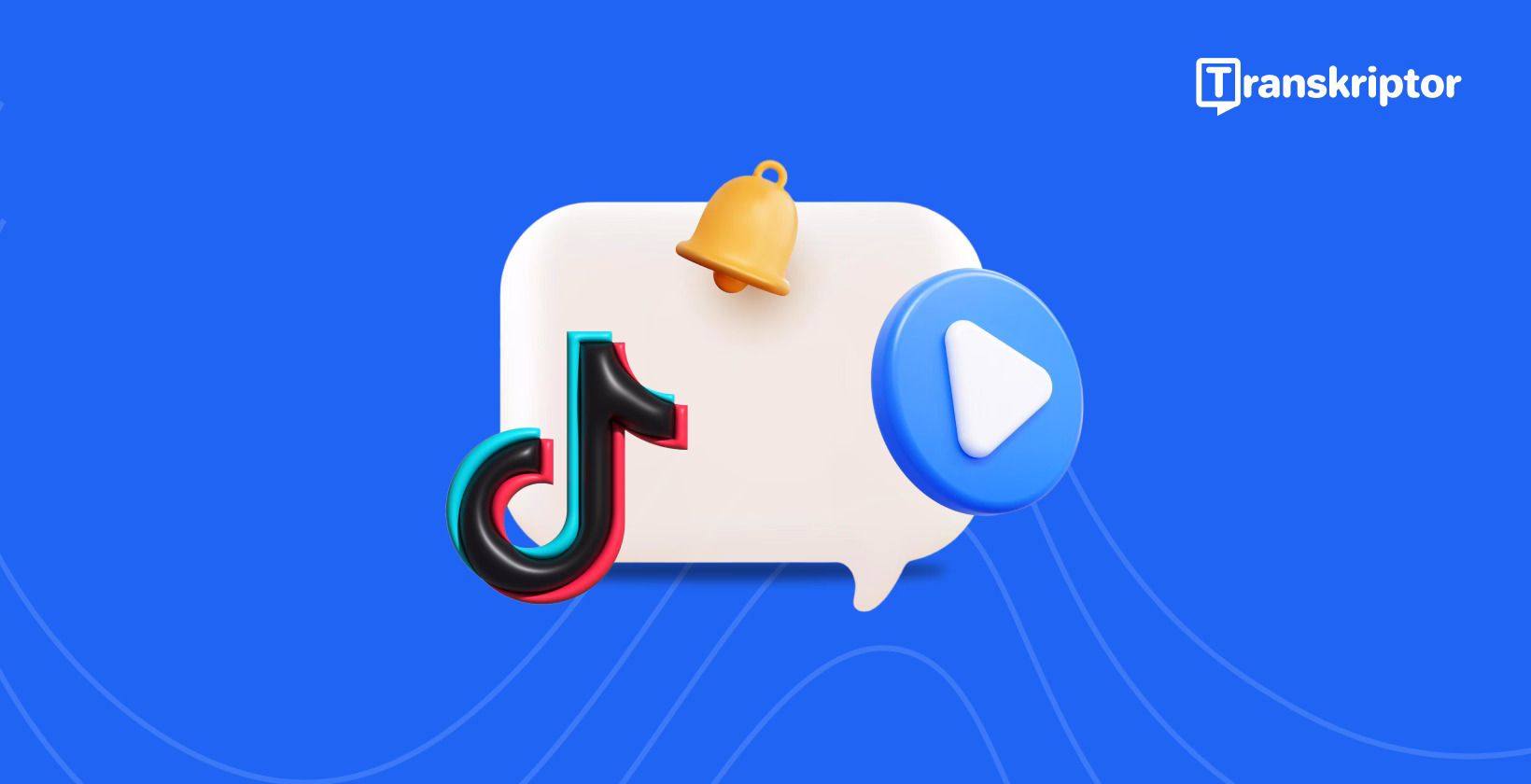 โลโก้ Transkriptor พร้อมไอคอน TikTok กระดิ่ง และปุ่มเล่นบนพื้นหลังสีฟ้า