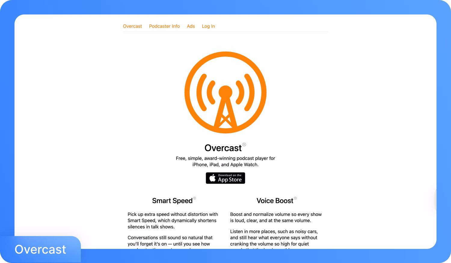 Overcast podcast-speler startpagina met app-functies en downloadlink