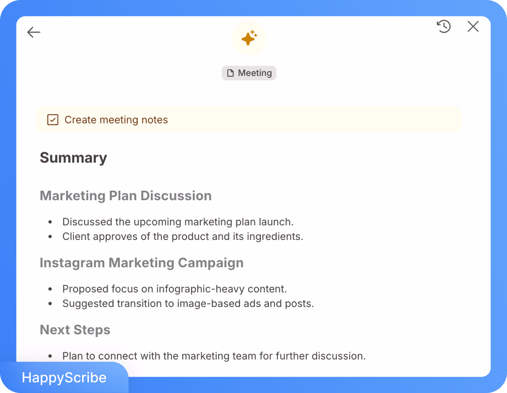 واجهة HappyScribe تعرض ملخص ملاحظات الاجتماع مع أقسام حول مناقشة خطة التسويق وحملة Instagram والخطوات التالية.