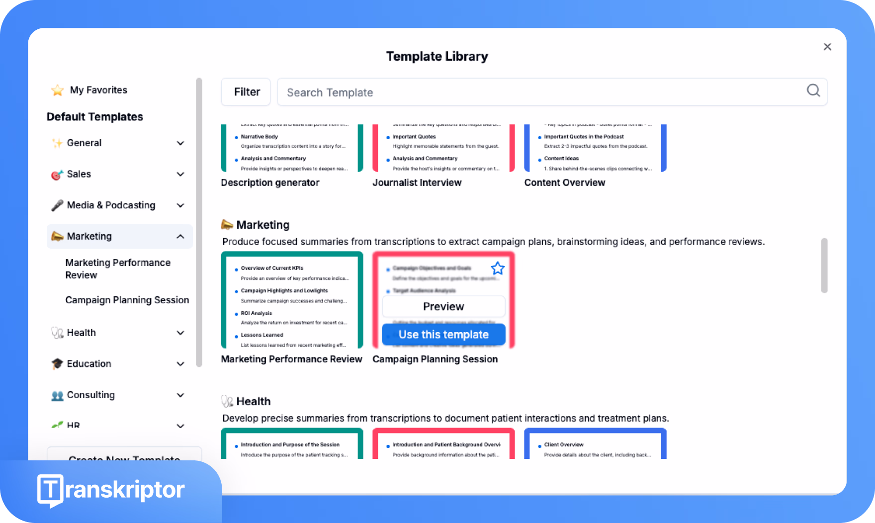 واجهة مكتبة قوالب Transkriptor تعرض فئات مثل التسويق والصحة وخيارات لتصفية وبحث القوالب.