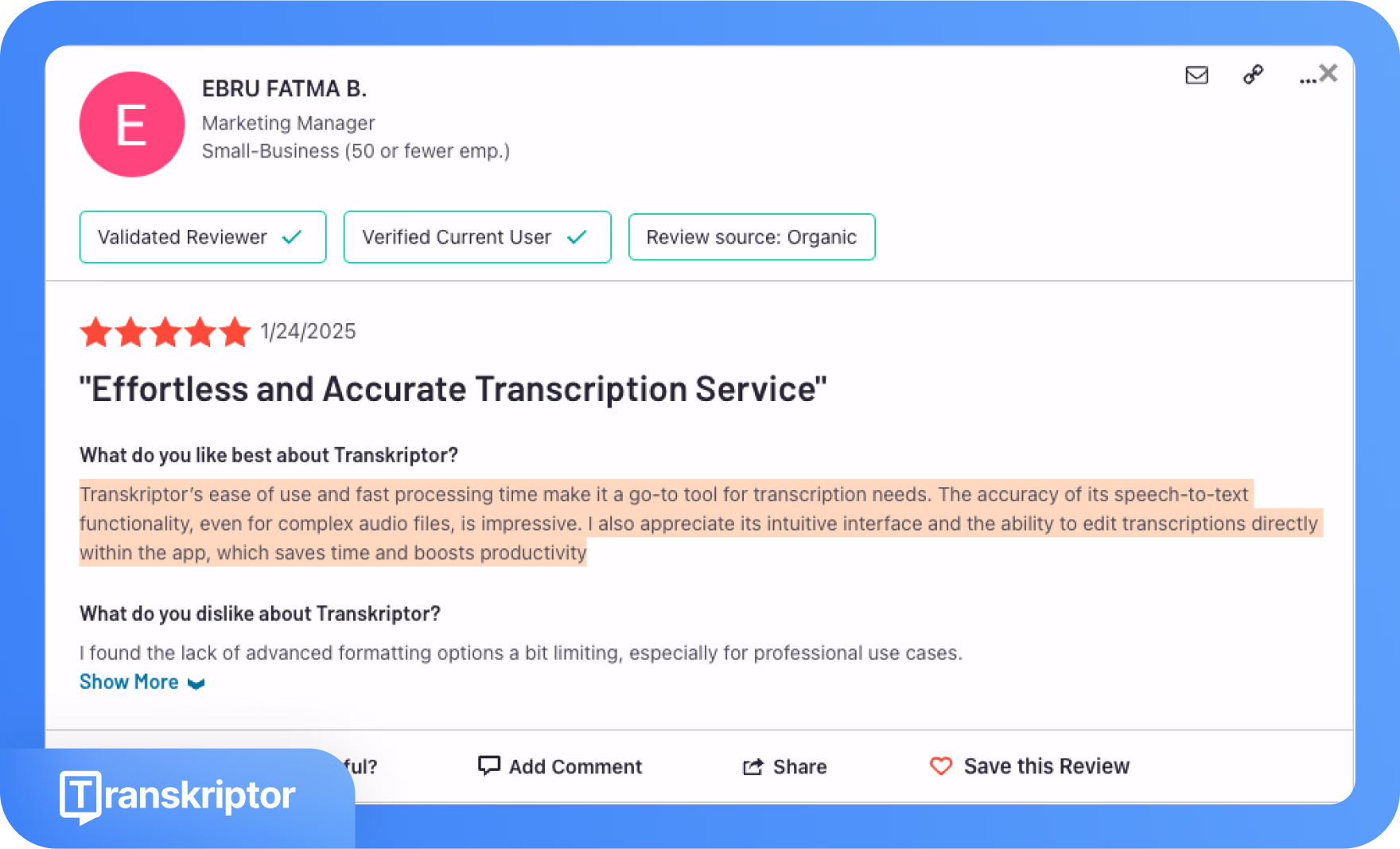 Reseña de Transkriptor por un gerente de marketing destacando la facilidad de uso y precisión.
