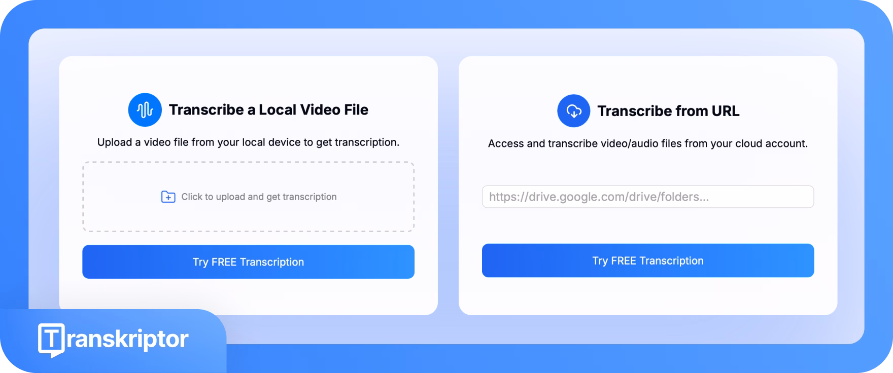 Интерфейс Transkriptor для транскрибирования локальных видеофайлов или по URL.