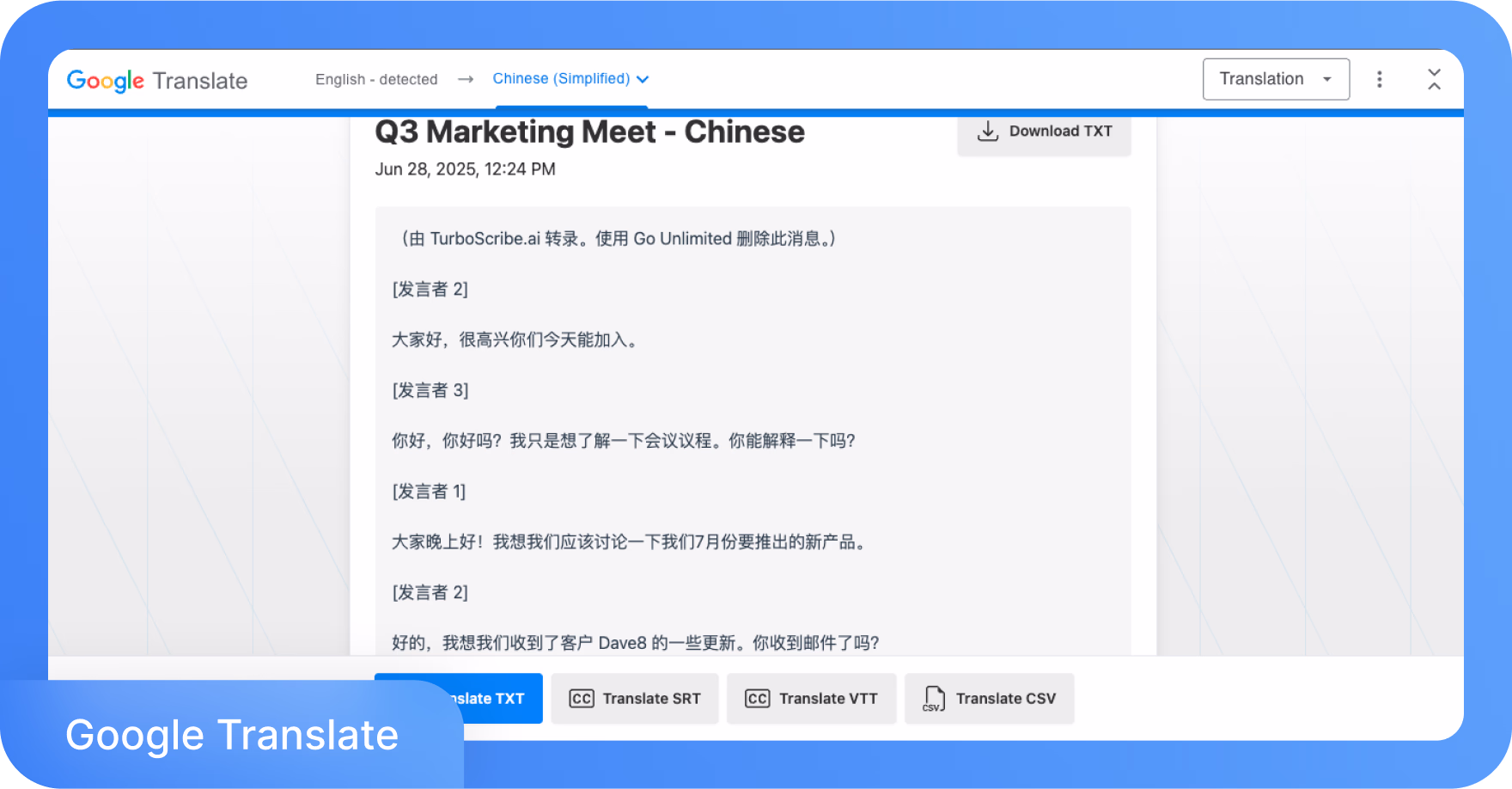 Interfaz de Google Translate mostrando un documento traducido titulado 'Reunión de Marketing Q3 - Chino' con texto en inglés y chino.