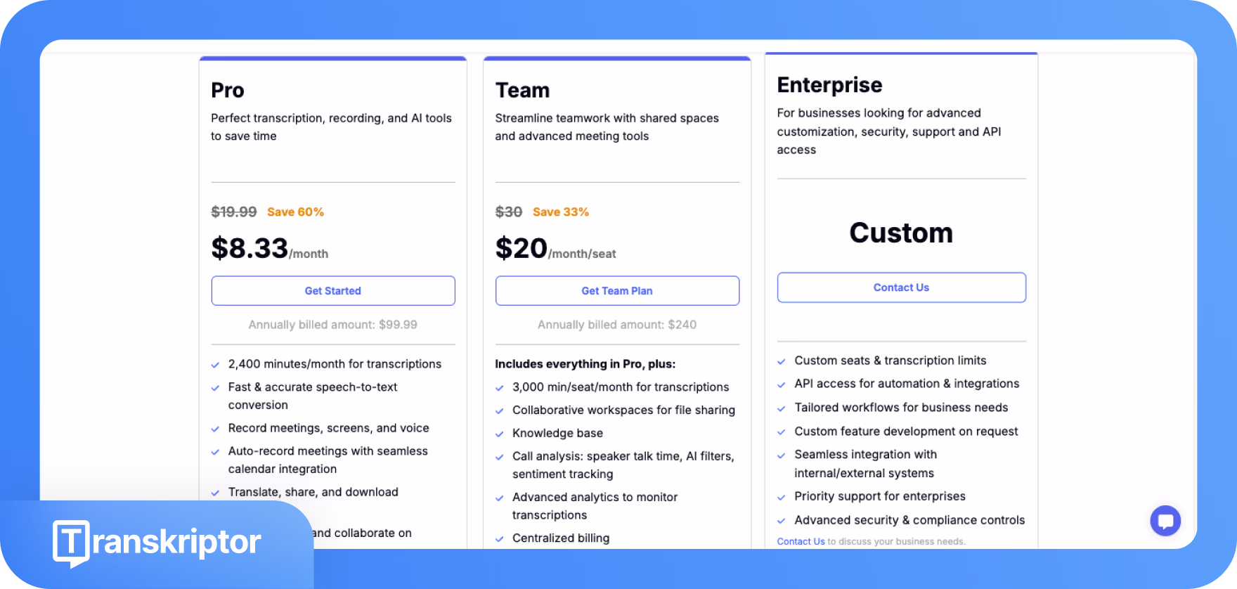 خطط تسعير Transkriptor تعرض خيارات Pro وTeam وEnterprise مع الميزات والخصومات.