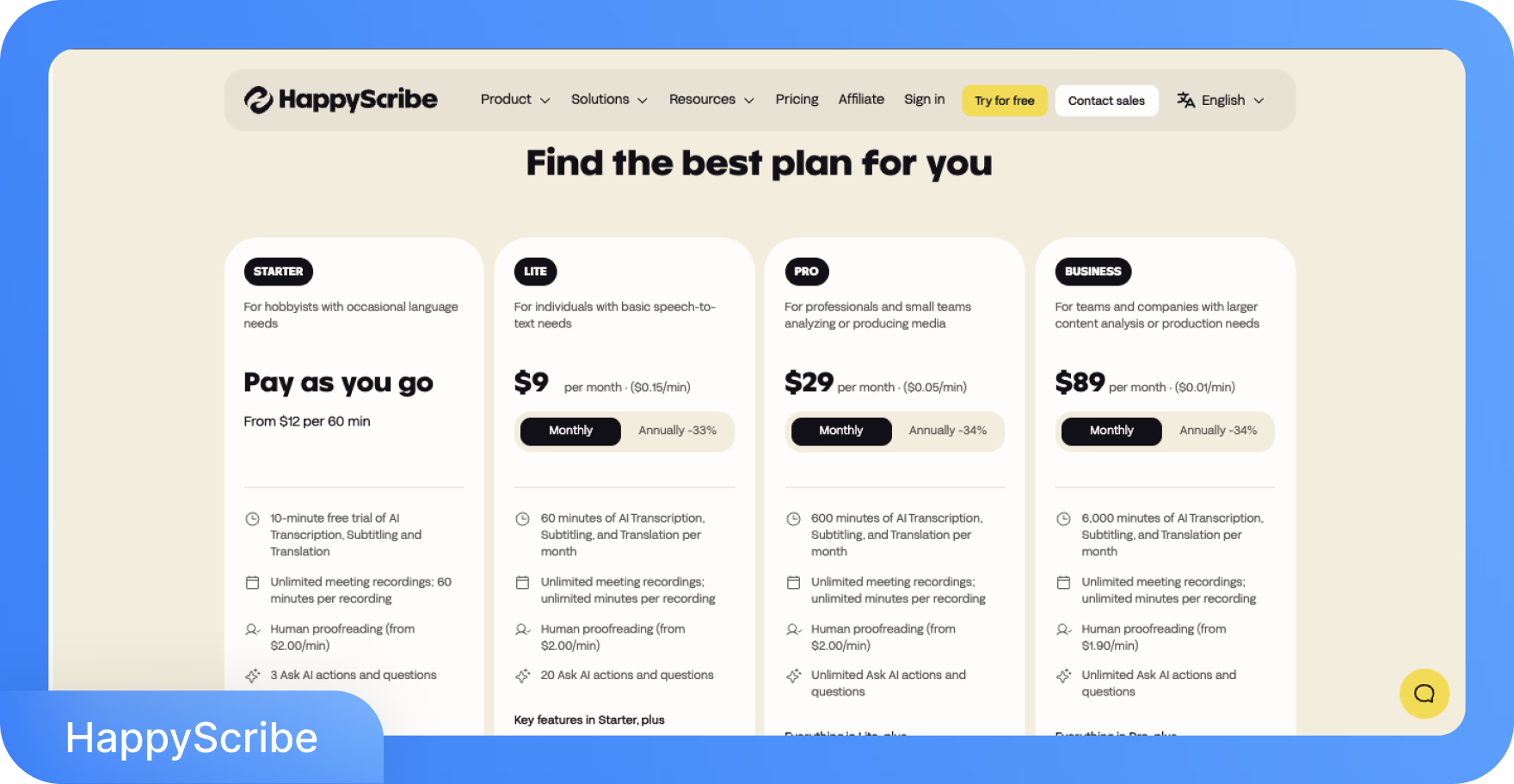 خطط تسعير HappyScribe لفئات Starter وLite وPro وBusiness، مع تفاصيل التكاليف والميزات.