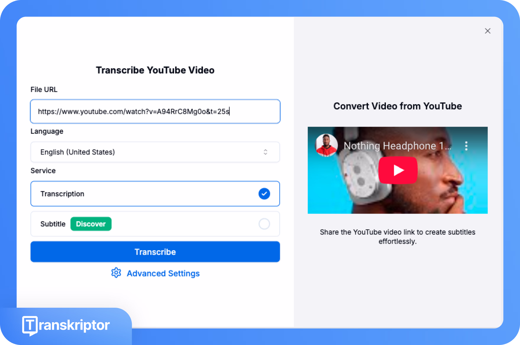 واجهة أداة Transkriptor لنسخ مقاطع فيديو YouTube.
