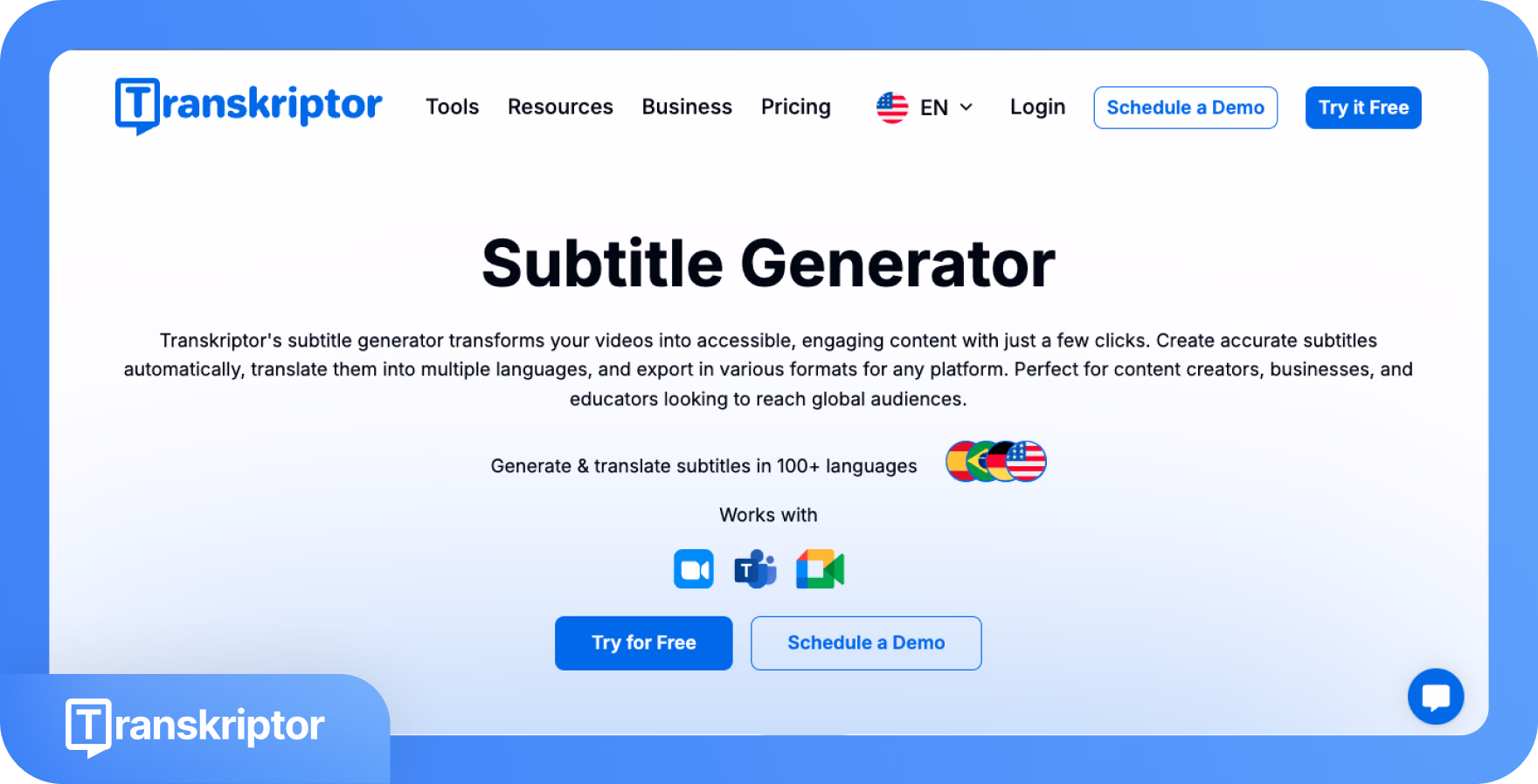 صفحة منشئ الترجمات الفرعية Transkriptor تقدم إنشاء وترجمة ترجمات الفيديو.
