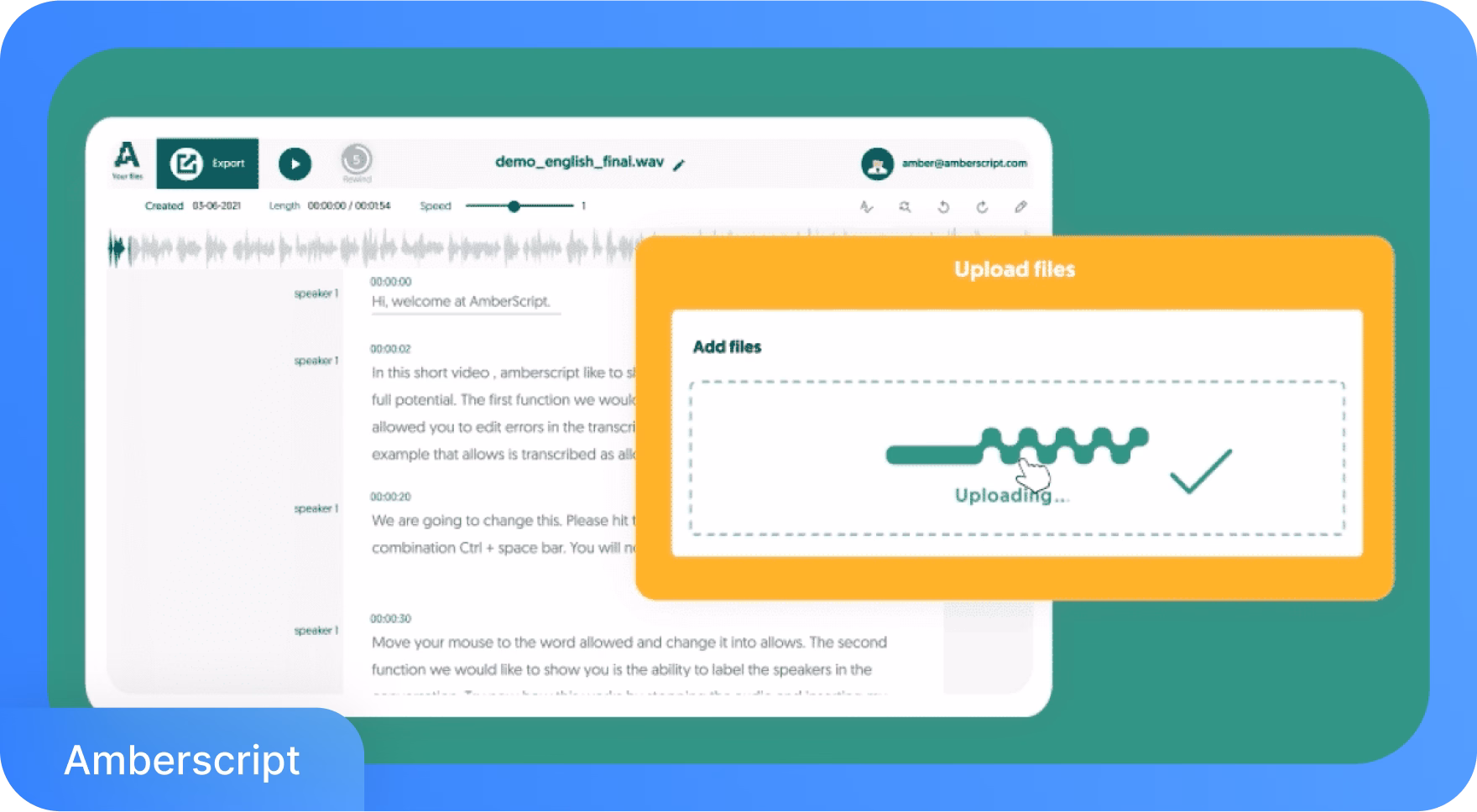 Interface d'AmberScript montrant les fonctionnalités de téléchargement de fichiers et de transcription.