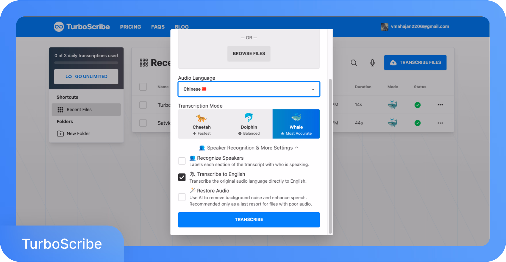 Interfaz de TurboScribe mostrando opciones de transcripción incluyendo idioma, modo y reconocimiento de hablantes.
