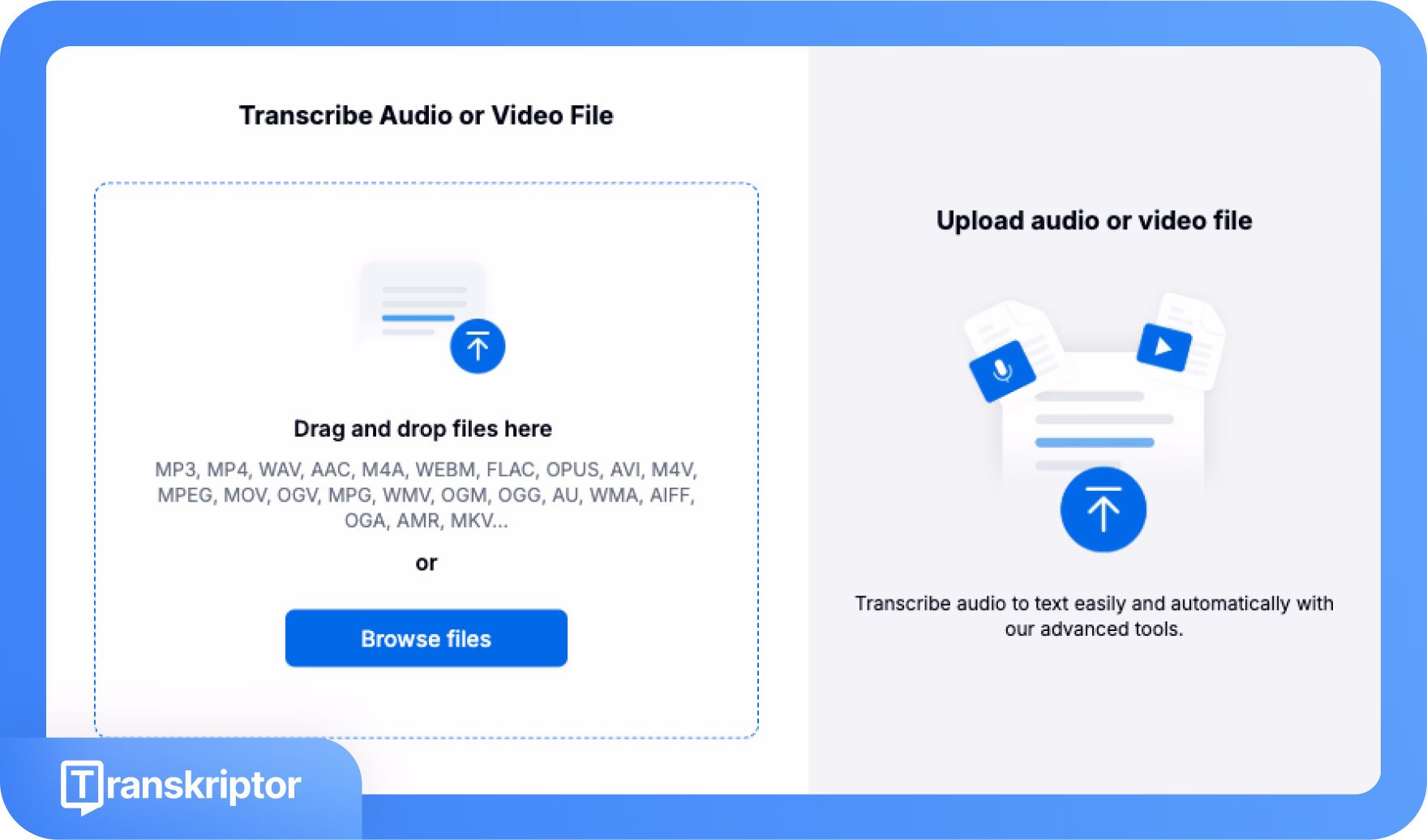 Interfaz de la herramienta Transkriptor para cargar archivos de audio o video para transcripción.