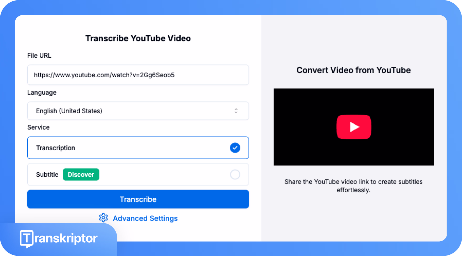 Interfaz de Transkriptor para transcribir videos de YouTube con opciones para selección de idioma y servicio.