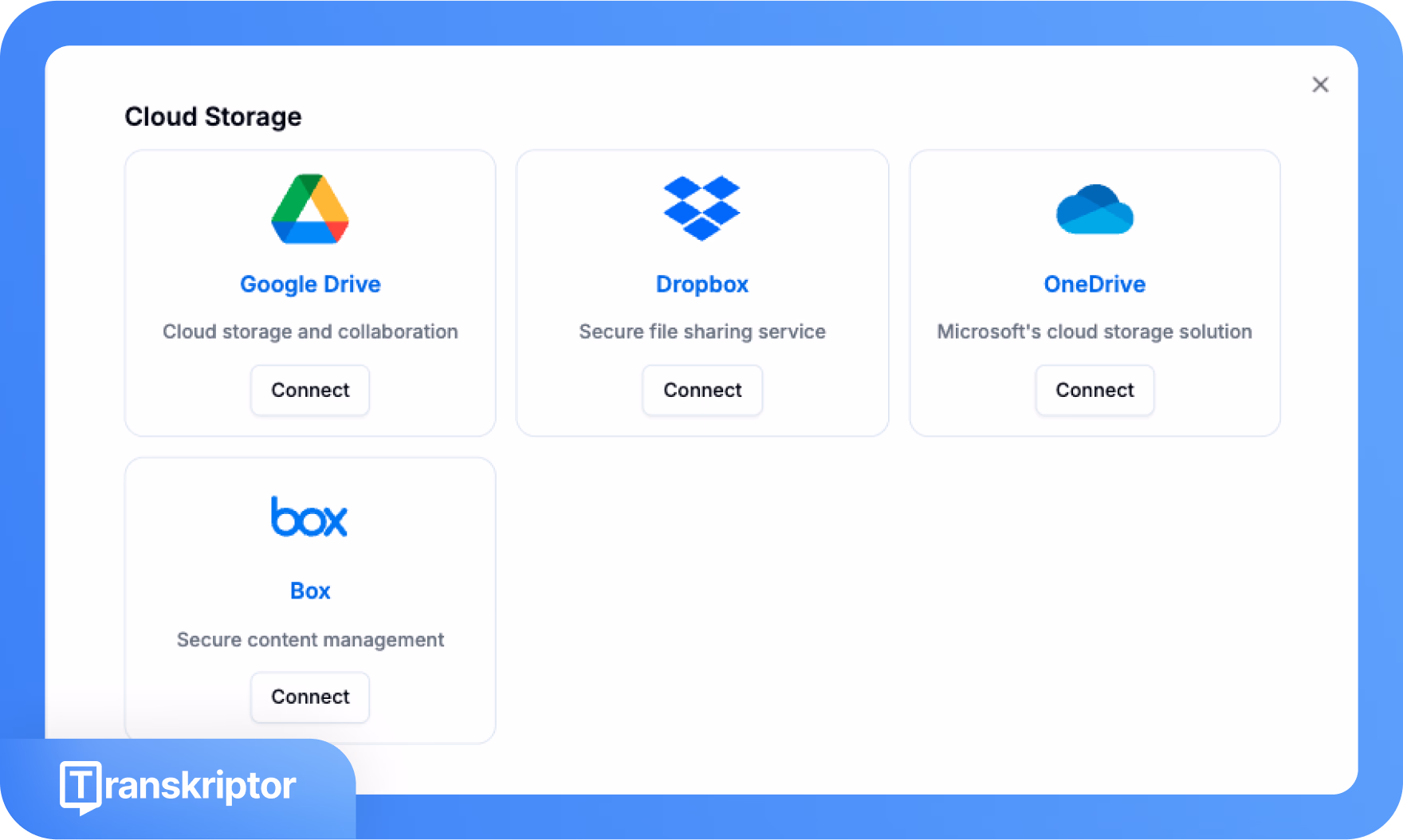 Perbandingan opsi penyimpanan cloud: Google Drive, Dropbox, OneDrive, dan Box, masing-masing dengan tombol koneksi.