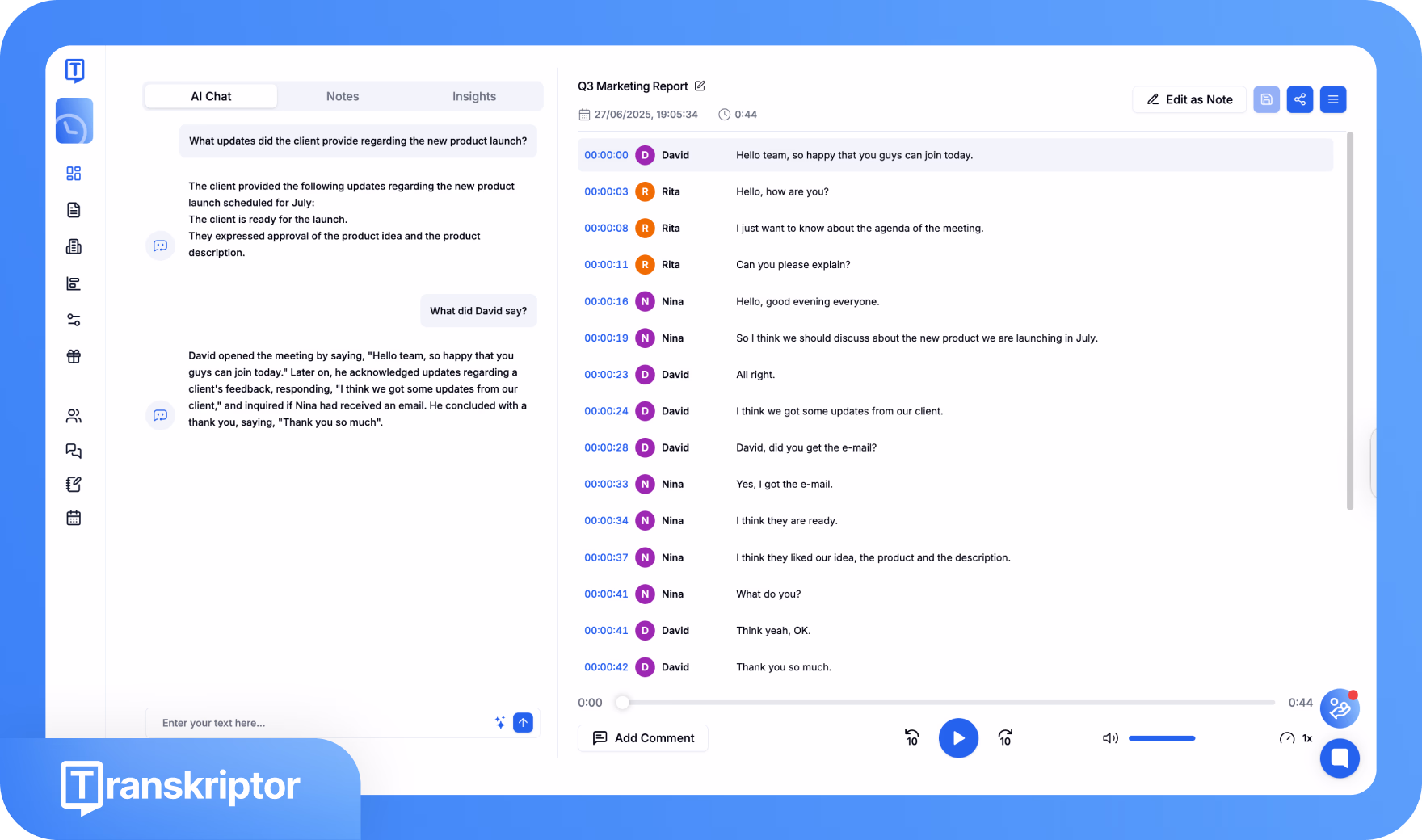 واجهة تطبيق Transkriptor تعرض نصًا مكتوبًا لاجتماع مع علامات تبويب دردشة الذكاء الاصطناعي والملاحظات.