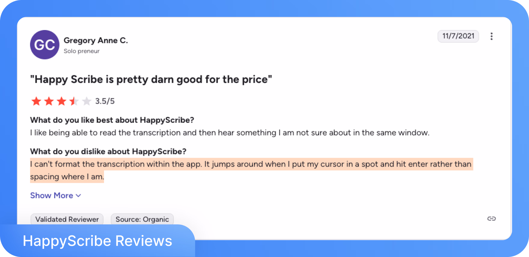 مراجعة HappyScribe تسلط الضوء على تعليقات المستخدمين وتقييم 3.5 نجمة.