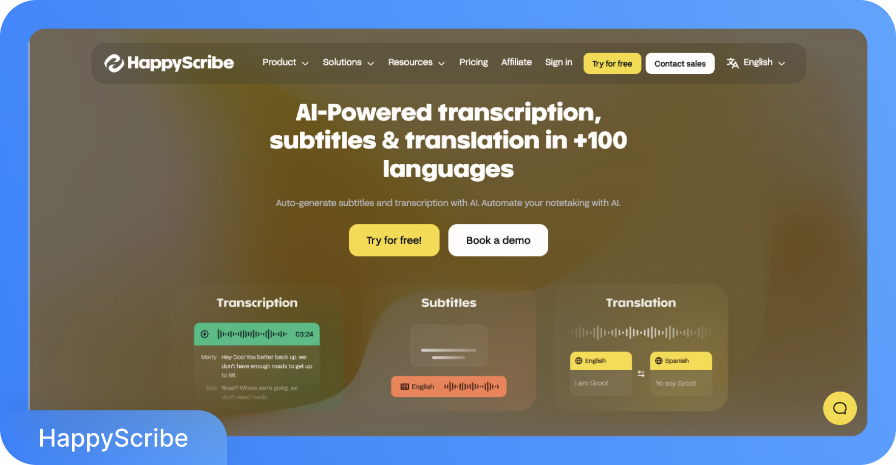 موقع HappyScribe يعرض خدمات النسخ والترجمة الفورية والترجمة المدعومة بالذكاء الاصطناعي بأكثر من 100 لغة.