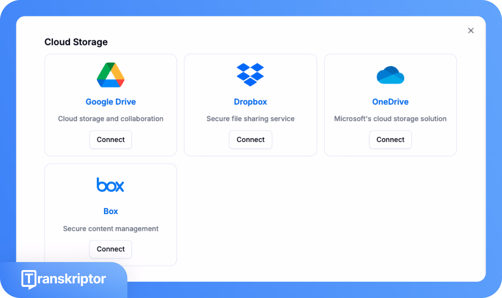 خيارات التخزين السحابي مع Google Drive وDropbox وOneDrive وBox على Transkriptor.