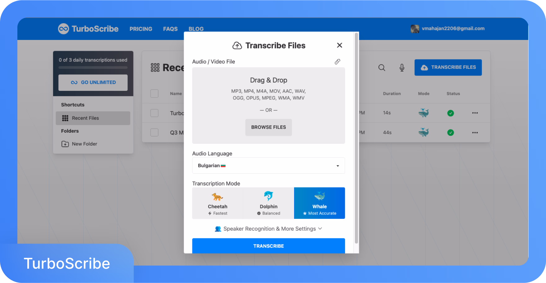 Interfaz de TurboScribe mostrando opciones de carga de archivos y modos de transcripción.