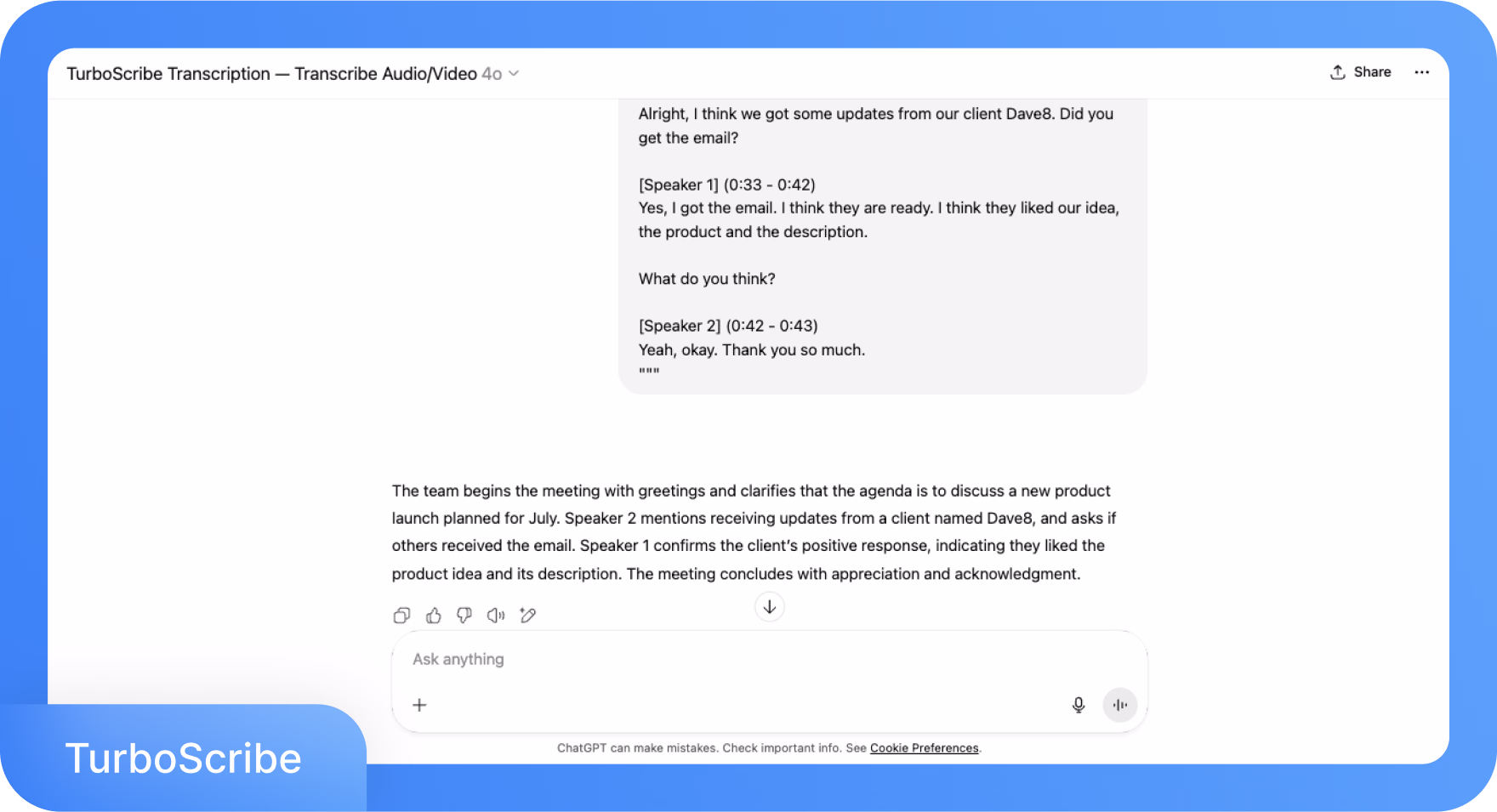 Interfaz de TurboScribe mostrando la transcripción de una discusión de reunión.