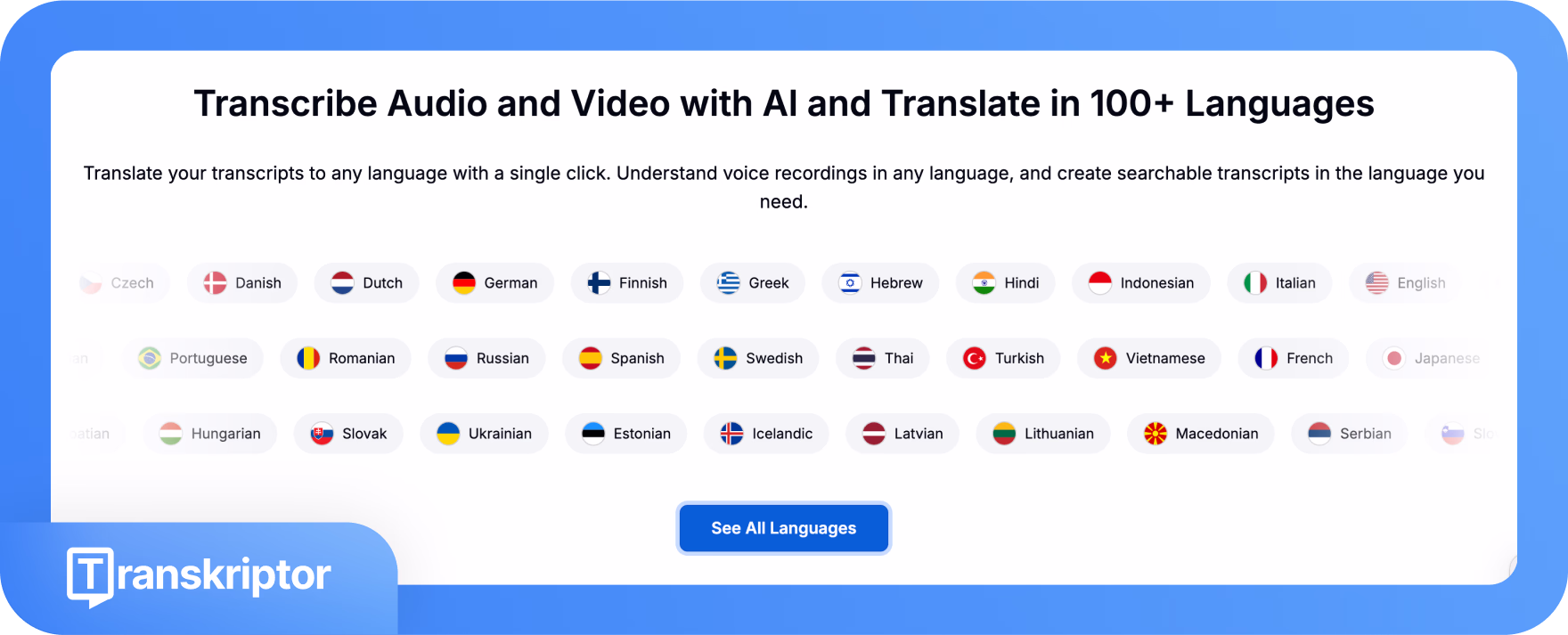 Alat Transkriptor untuk mentranskripsikan dan menerjemahkan audio dalam lebih dari 100 bahasa.