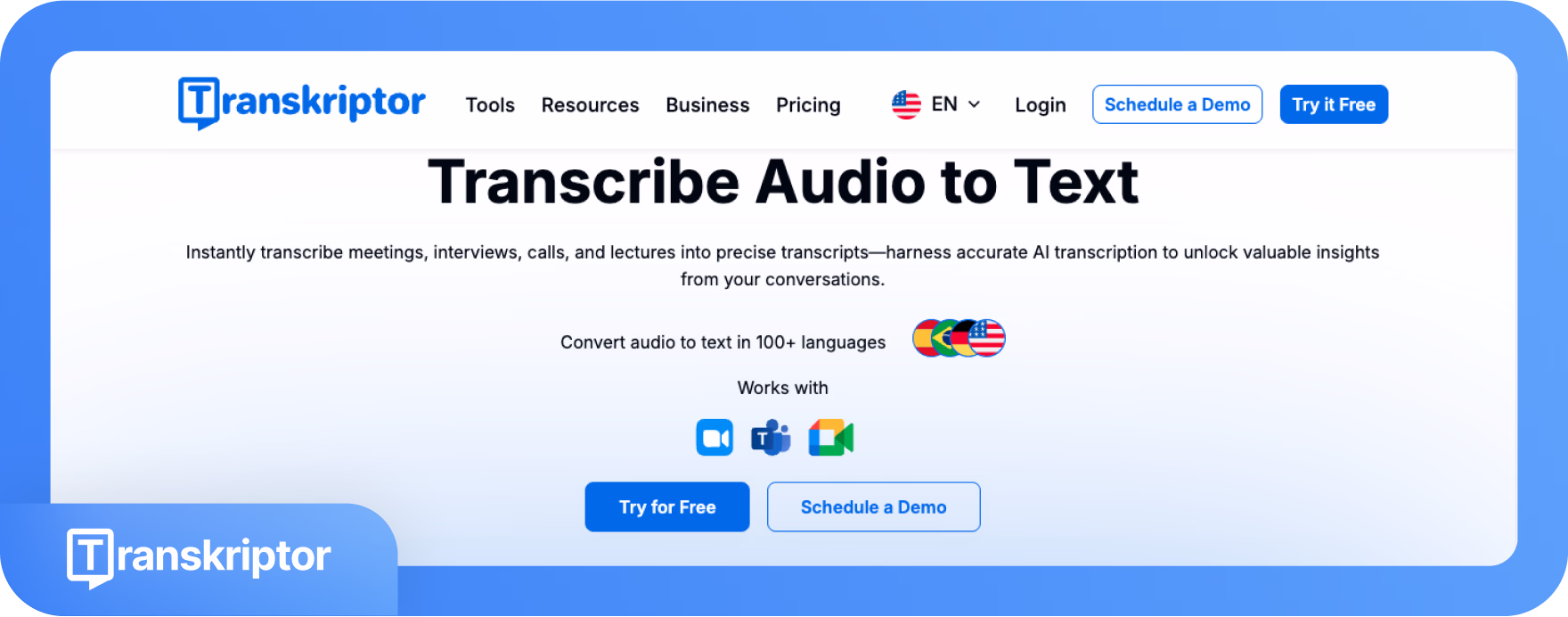 Halaman utama Transkriptor mempromosikan layanan transkripsi audio ke teks.