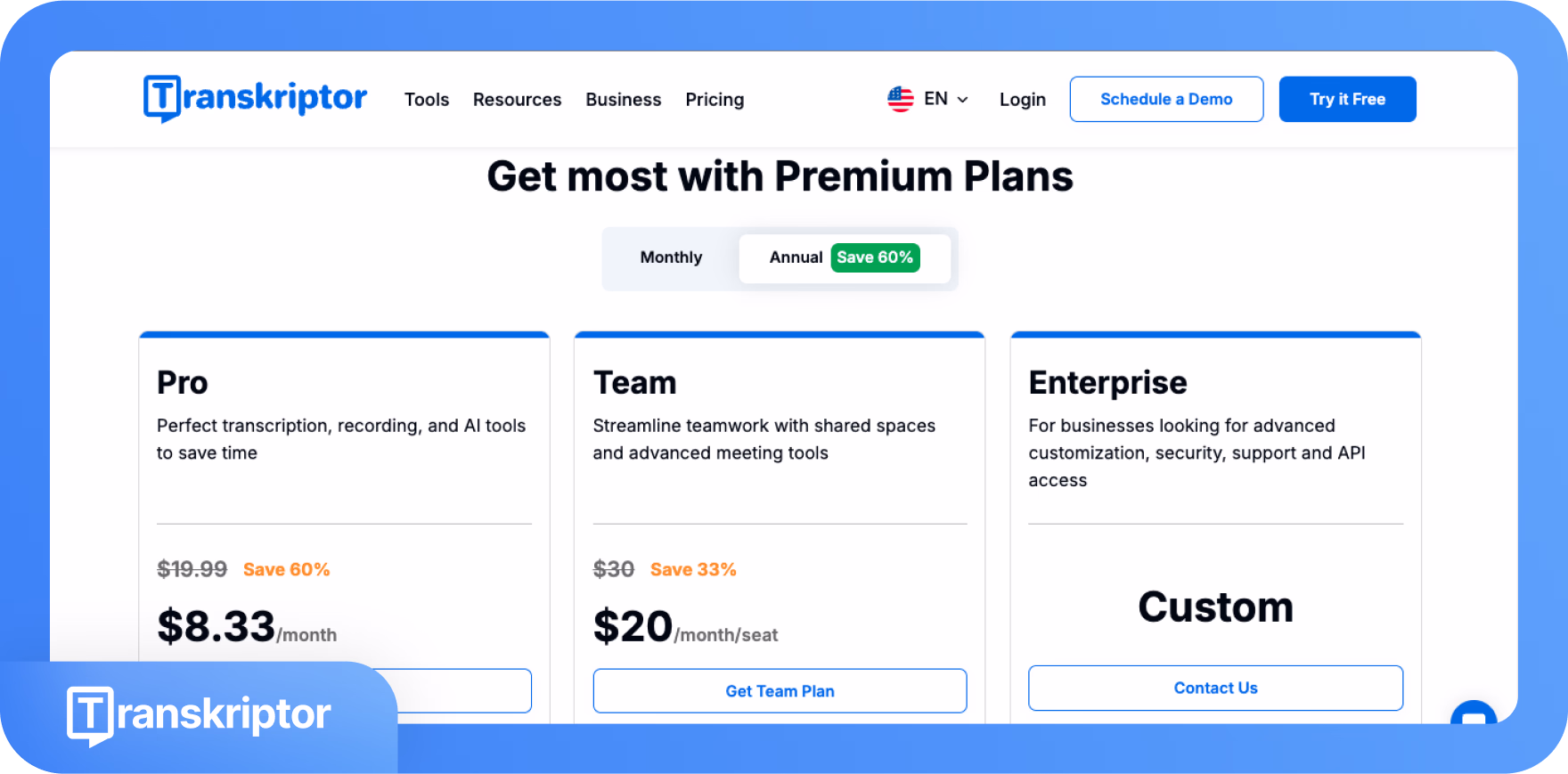 Planes de precios de Transkriptor con opciones Pro, Team y Enterprise.