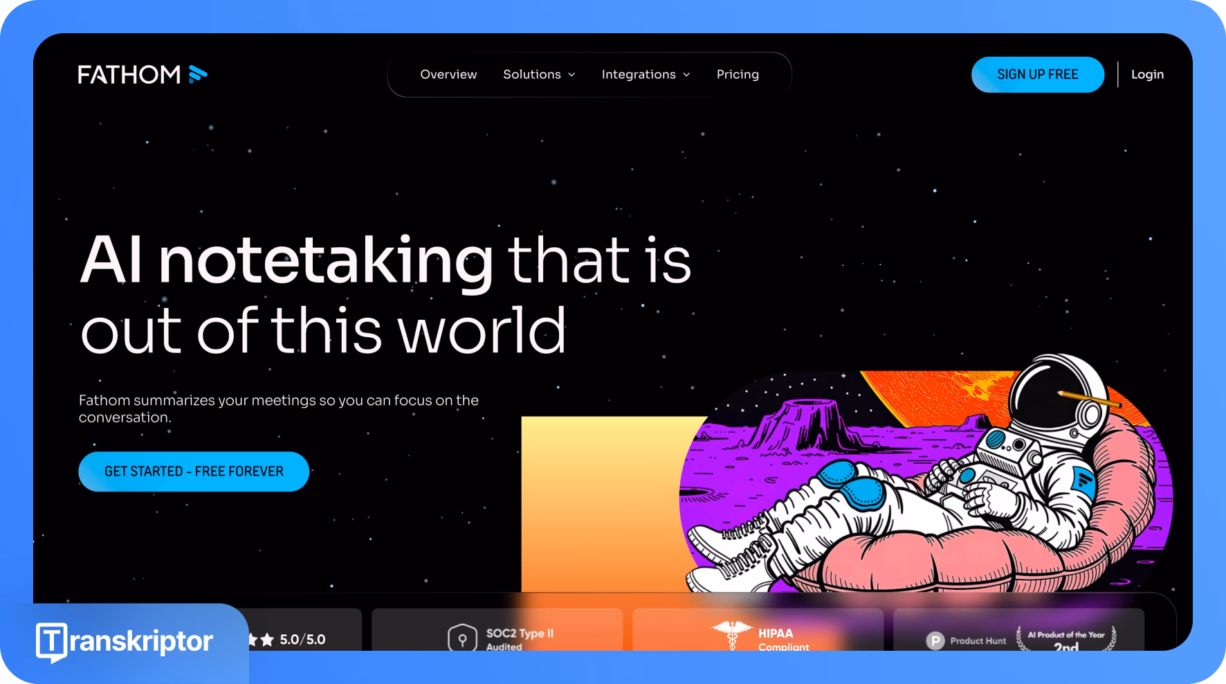 Инструмент Fathom от Transkriptor для AI заметок с темой астронавта.