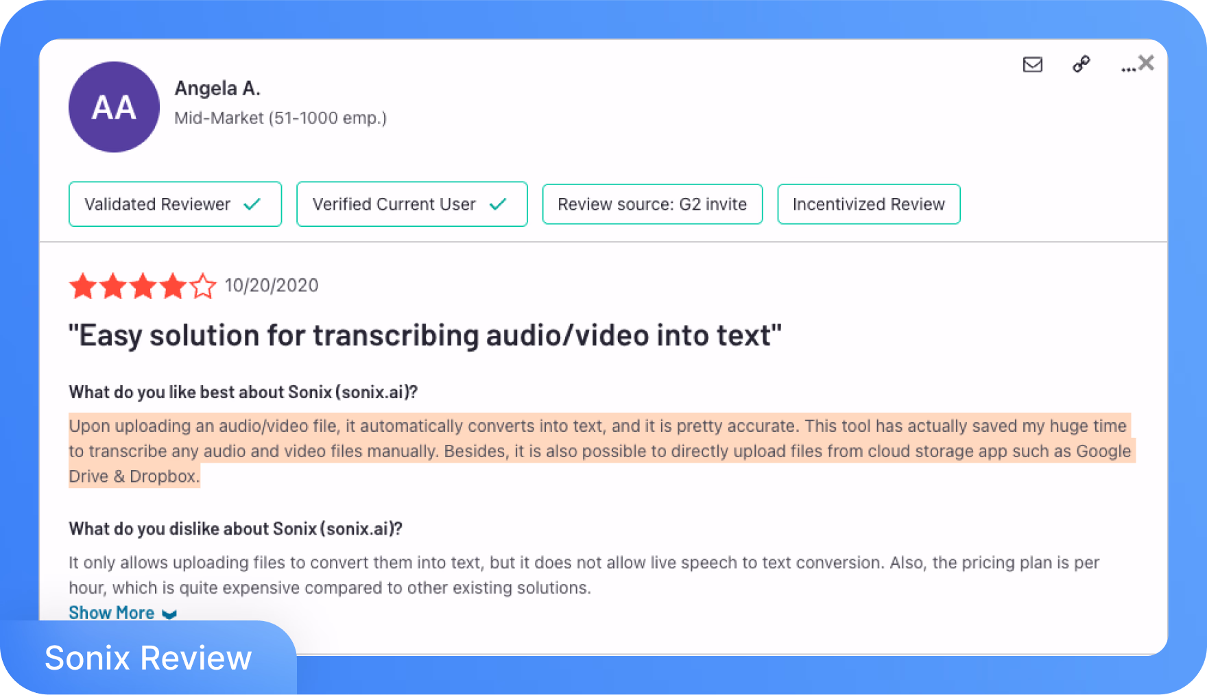 Ulasan G2 menyoroti Sonix sebagai alat transkripsi audio dan video yang mudah.