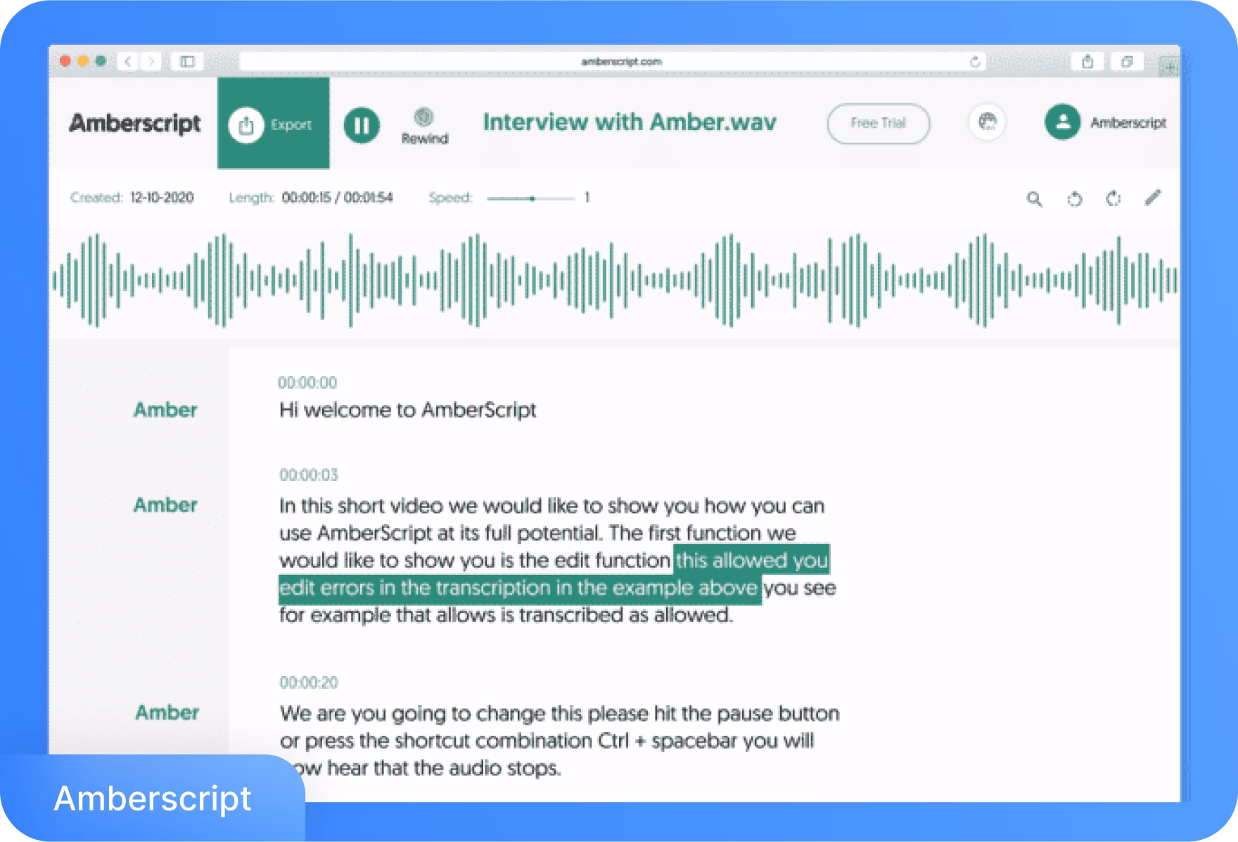 Interface d'Amberscript montrant les fonctionnalités d'édition de transcription.