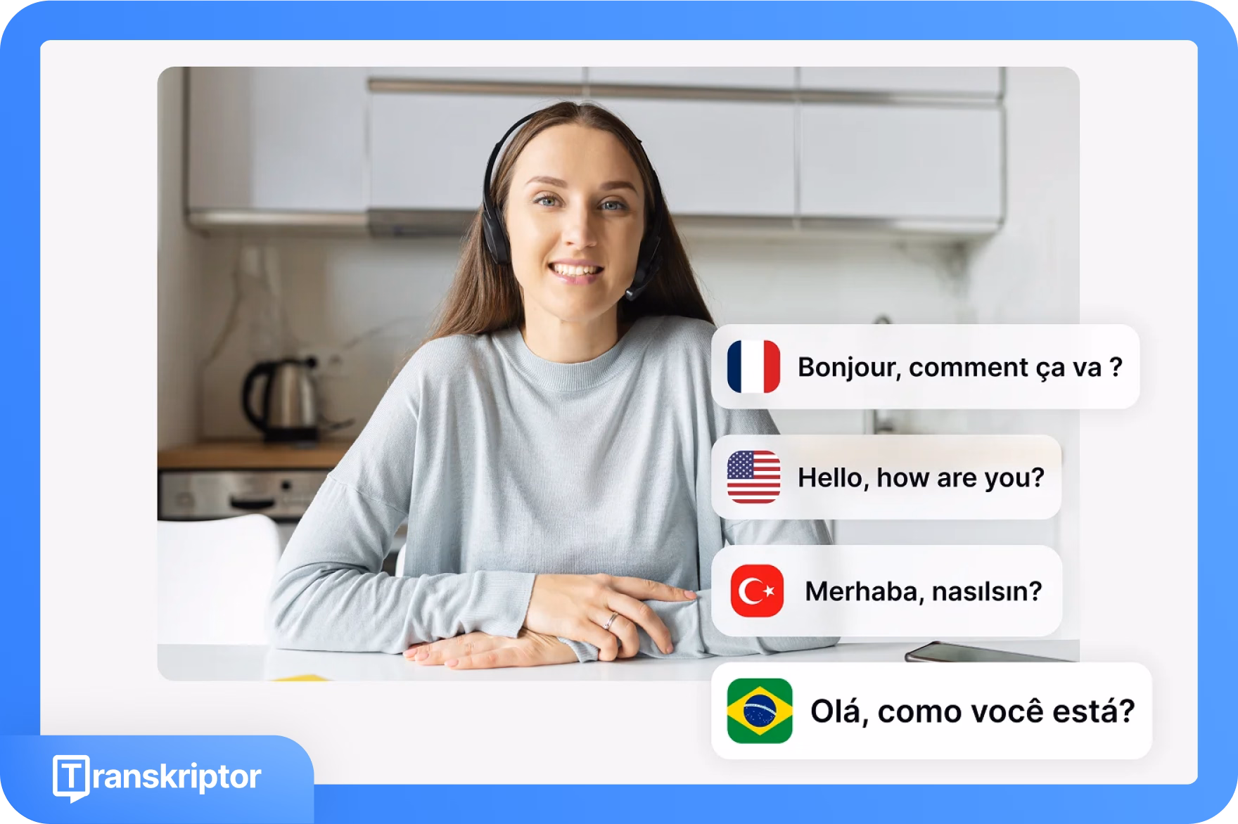 Femme utilisant Transkriptor pour la communication multilingue, avec des salutations en français, anglais, turc et portugais.