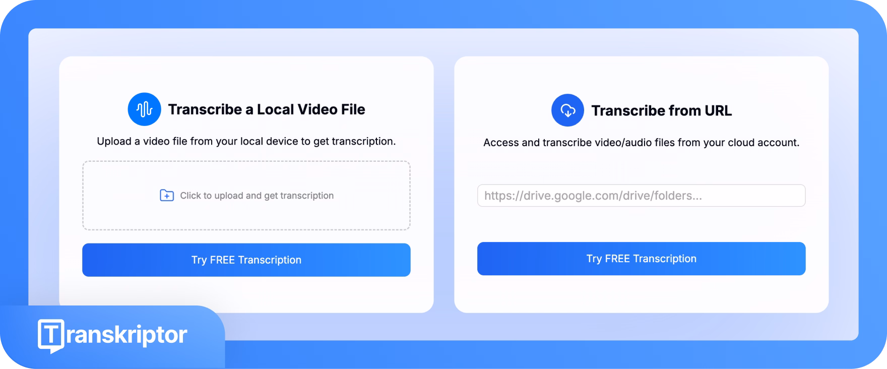 Interface de Transkriptor pour transcrire des vidéos à partir de fichiers locaux ou d'URL.