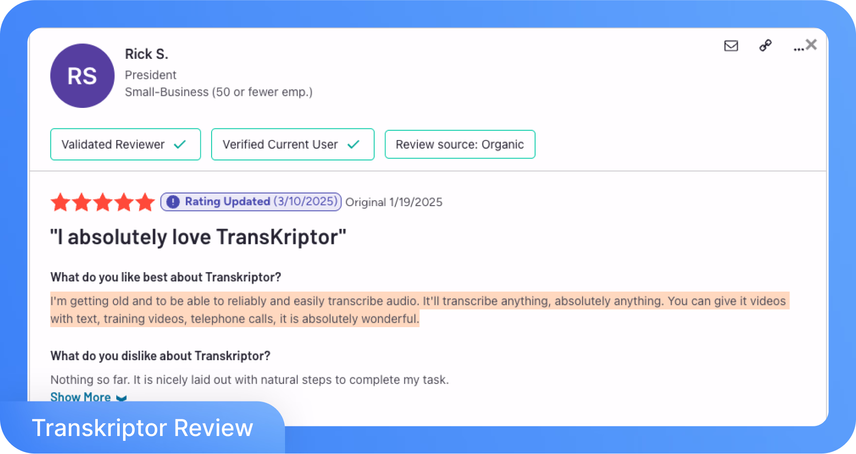 Ulasan pelanggan memuji Transkriptor untuk transkripsi audio yang andal.