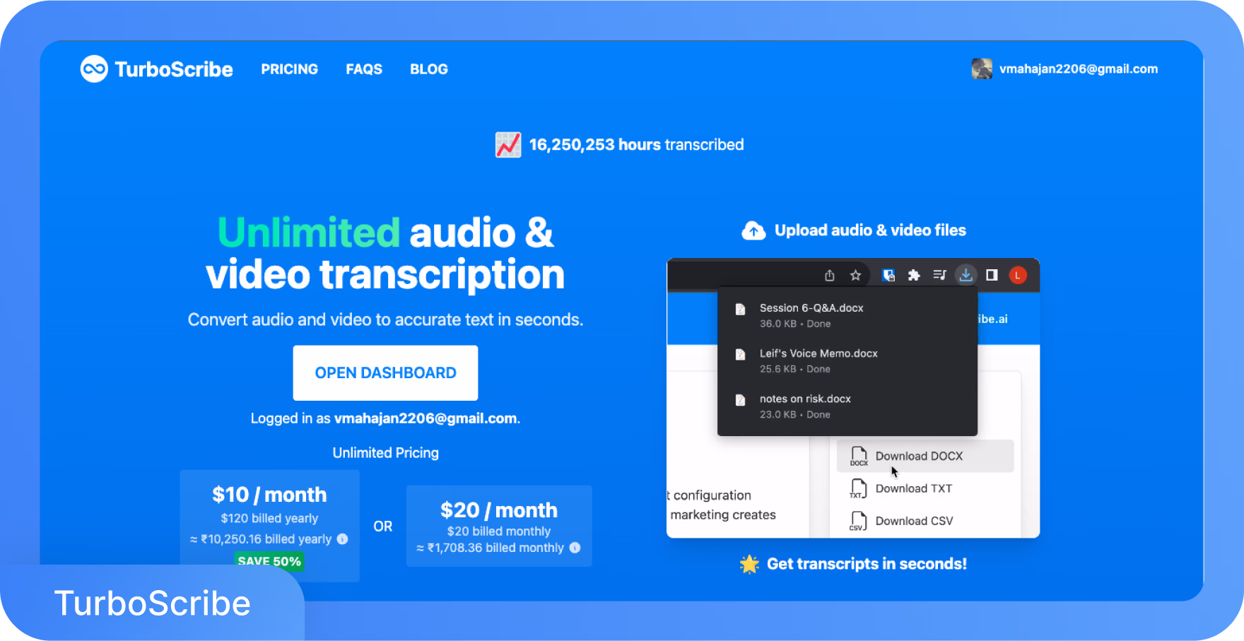 Interfaz de TurboScribe mostrando servicios ilimitados de transcripción de audio y video.